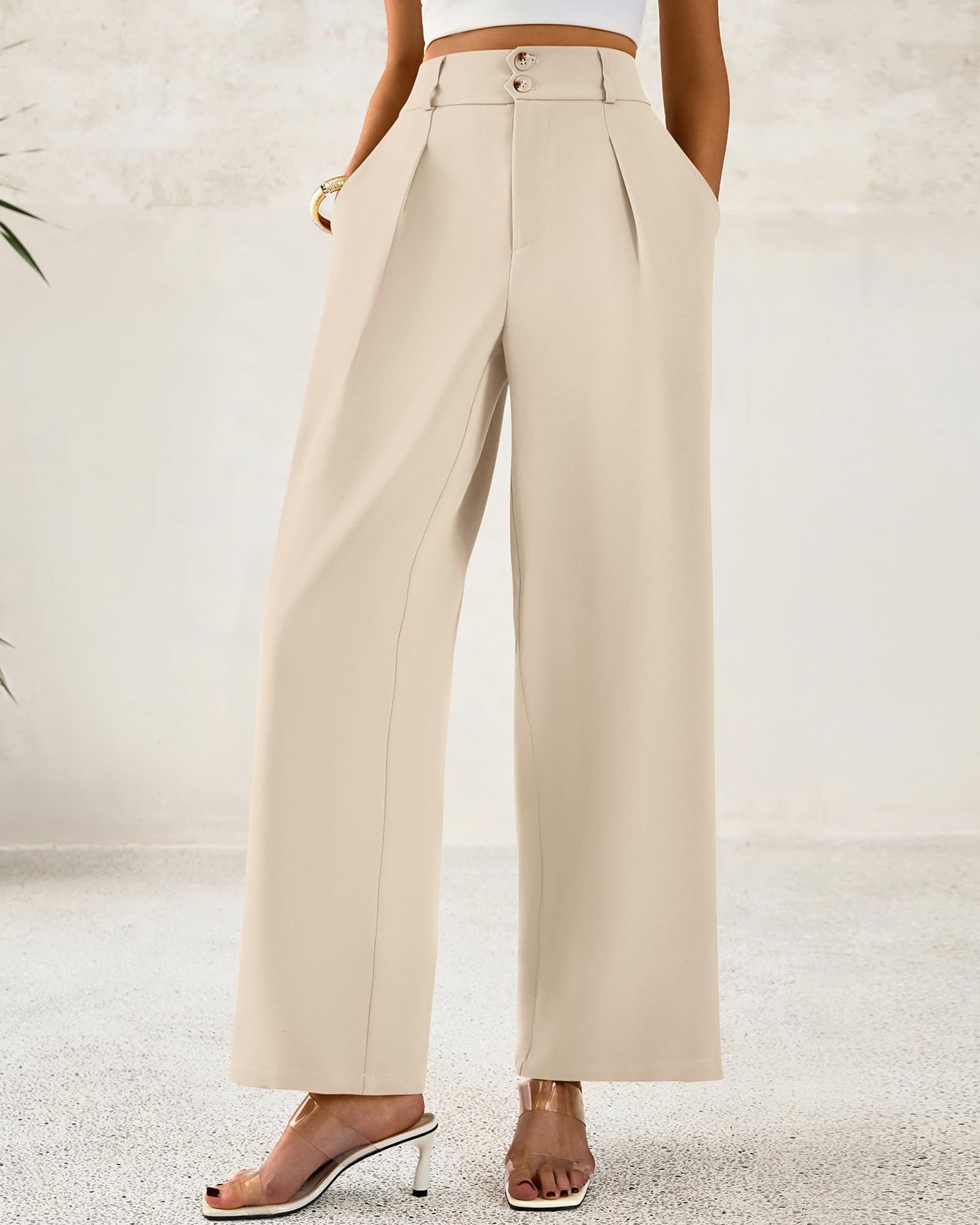 BTFBM Women Wide Leg Dress Pants High Waisted Button Pleated Business Casual Trousers Office Work Palazzo Pants