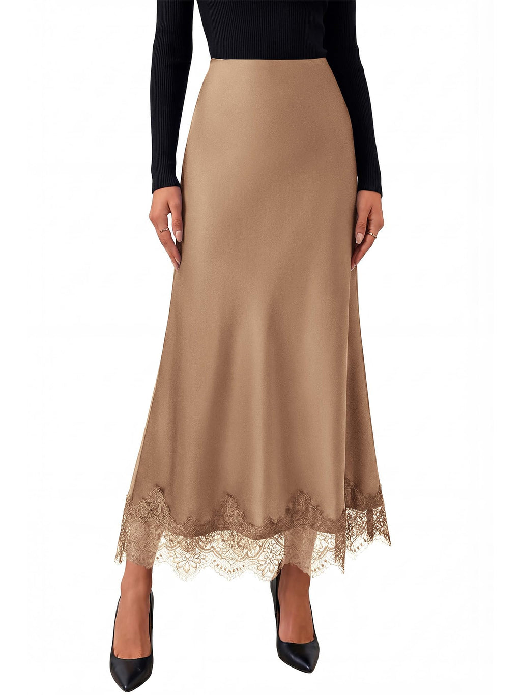 BTFBM Lace Trim Satin Skirts for Women Elegant | Lightweight, High Waist, A-Line, Flowy Maxi Skirt, Wedding, Cocktail, Graduation, Holiday Outfits, Fall Fashion Clothing