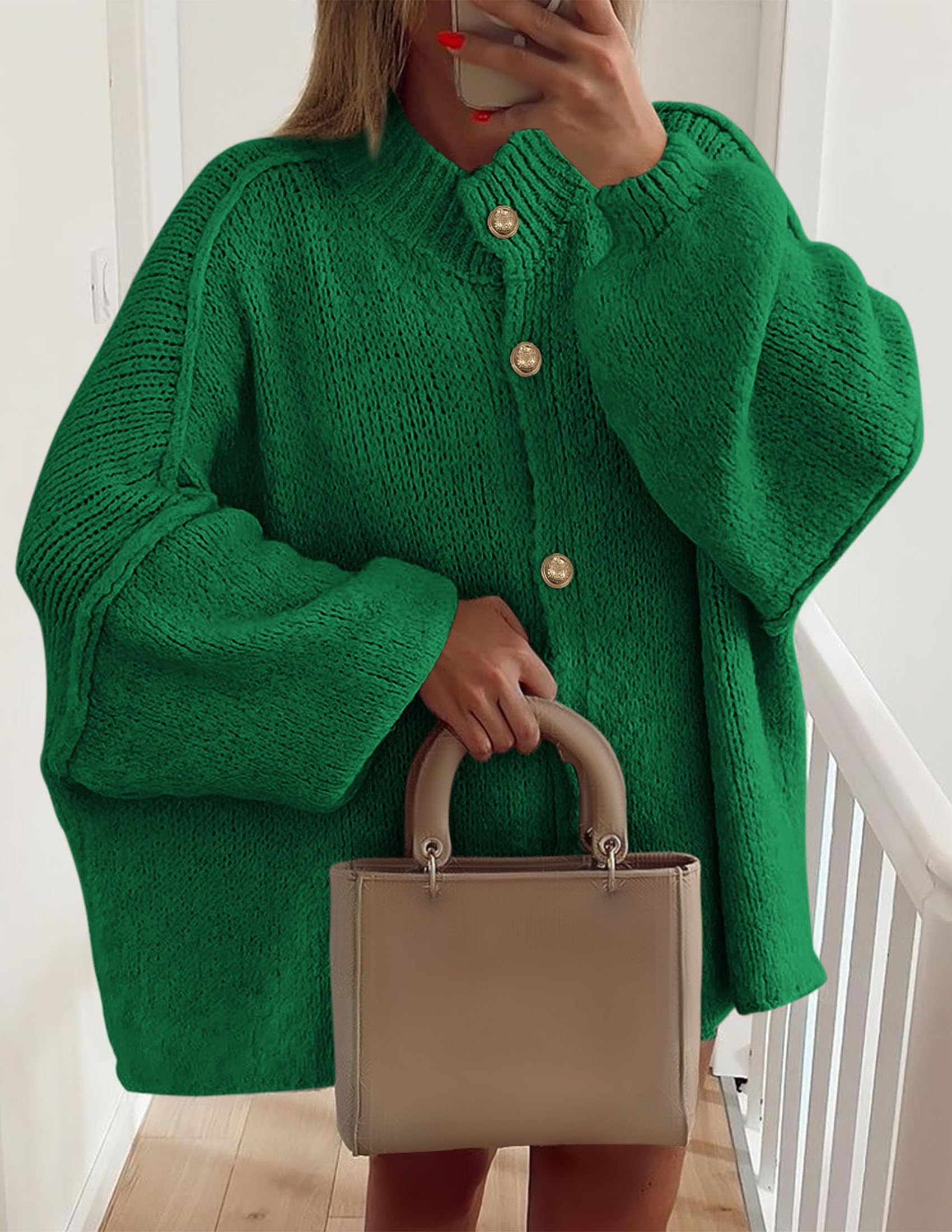 PRETTYGARDEN Women's Winter Button Down Cardigan Sweaters Mock Neck Lantern Long Sleeve Chunky Knit Jacket Trendy Outerwear