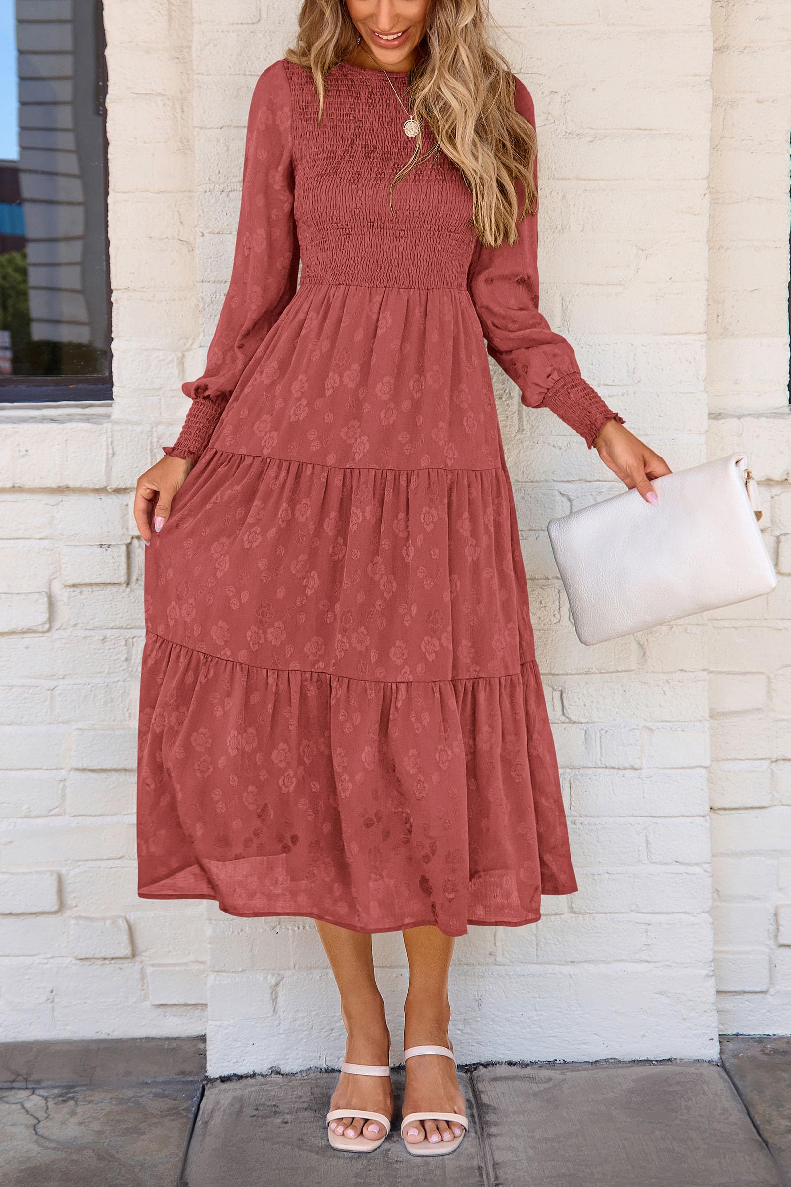 PRETTYGARDEN Women's Fall Spring Midi Dress Long Sleeve Floral Smocked Elegant Wedding Guest Long Flowy Dresses with Pockets