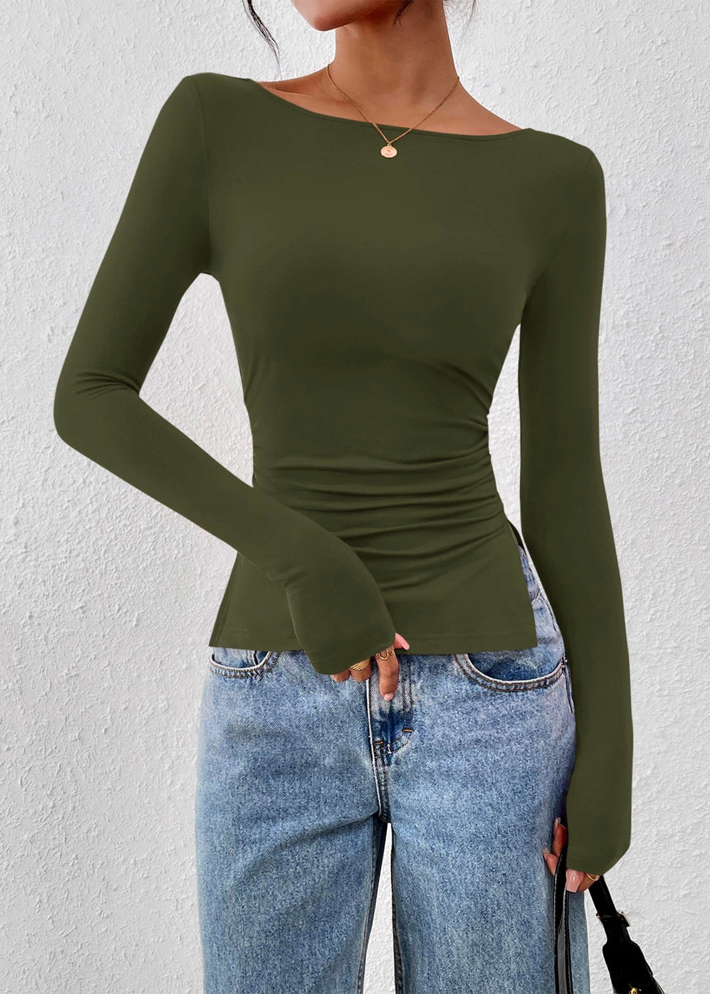 FreshPretty Long Sleeve Shirts for Women Fall Casual Boat Neck Knit Workout Going Out Tops Fitted Side Slit Basic Tees