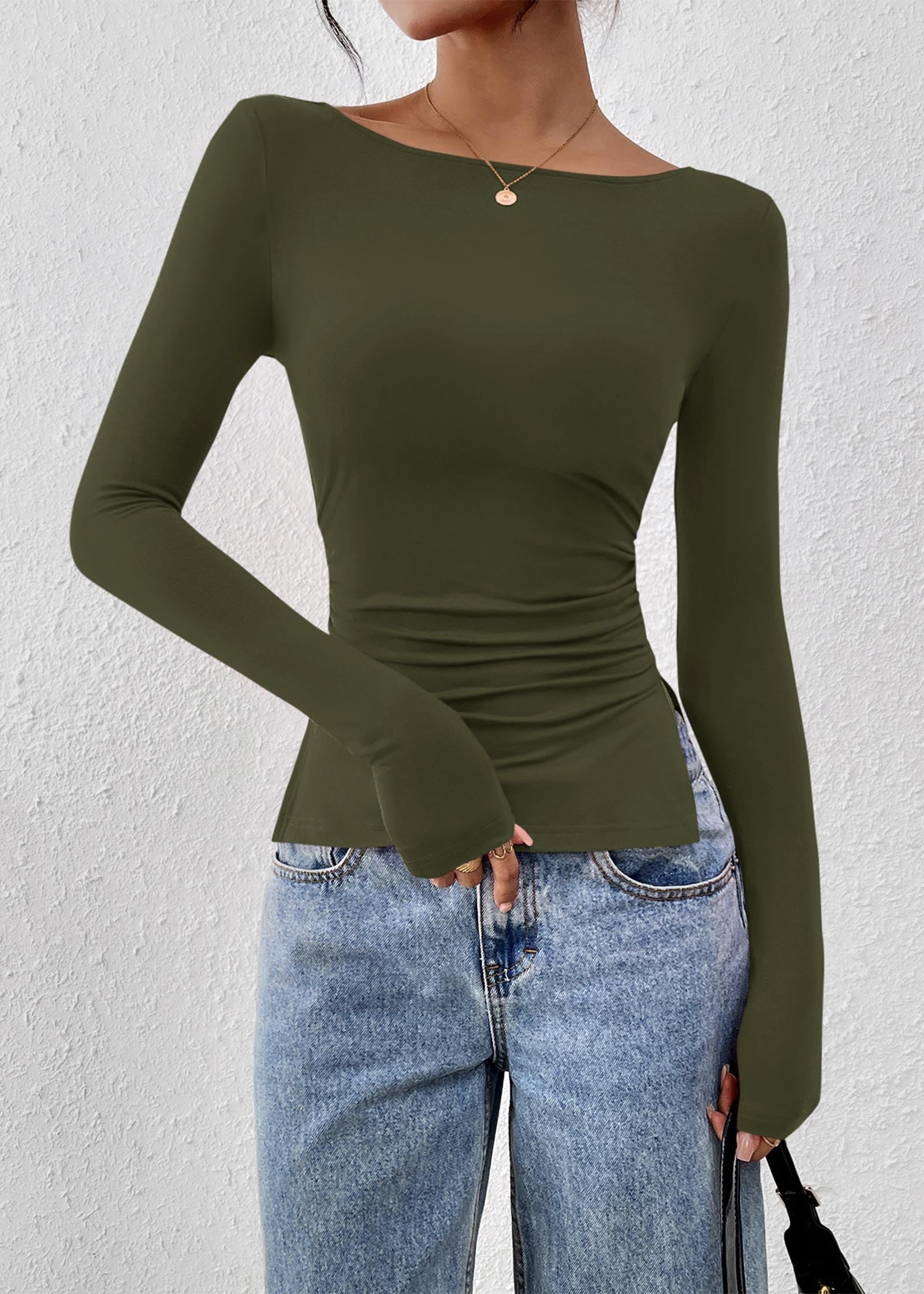 FreshPretty Long Sleeve Shirts for Women Fall Casual Boat Neck Knit Workout Going Out Tops Fitted Side Slit Basic Tees