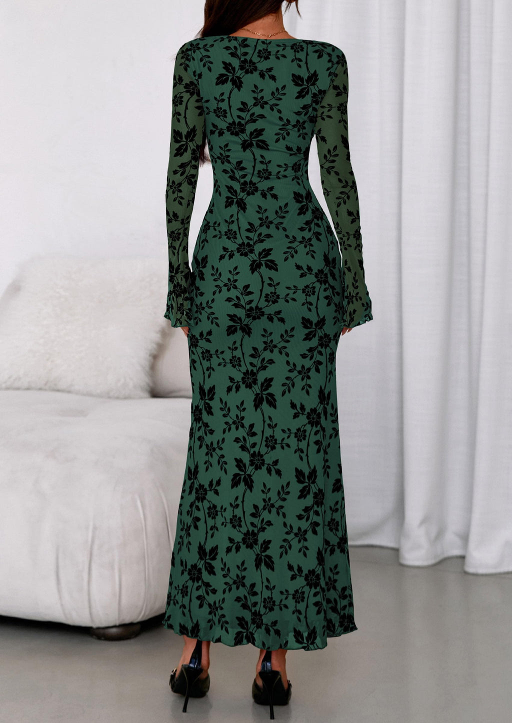 PRETTYGARDEN Women's Floral Bodycon Maxi Dress Fall Elegant Mesh Long Sleeve Formal Wedding Guest Cocktail Dresses