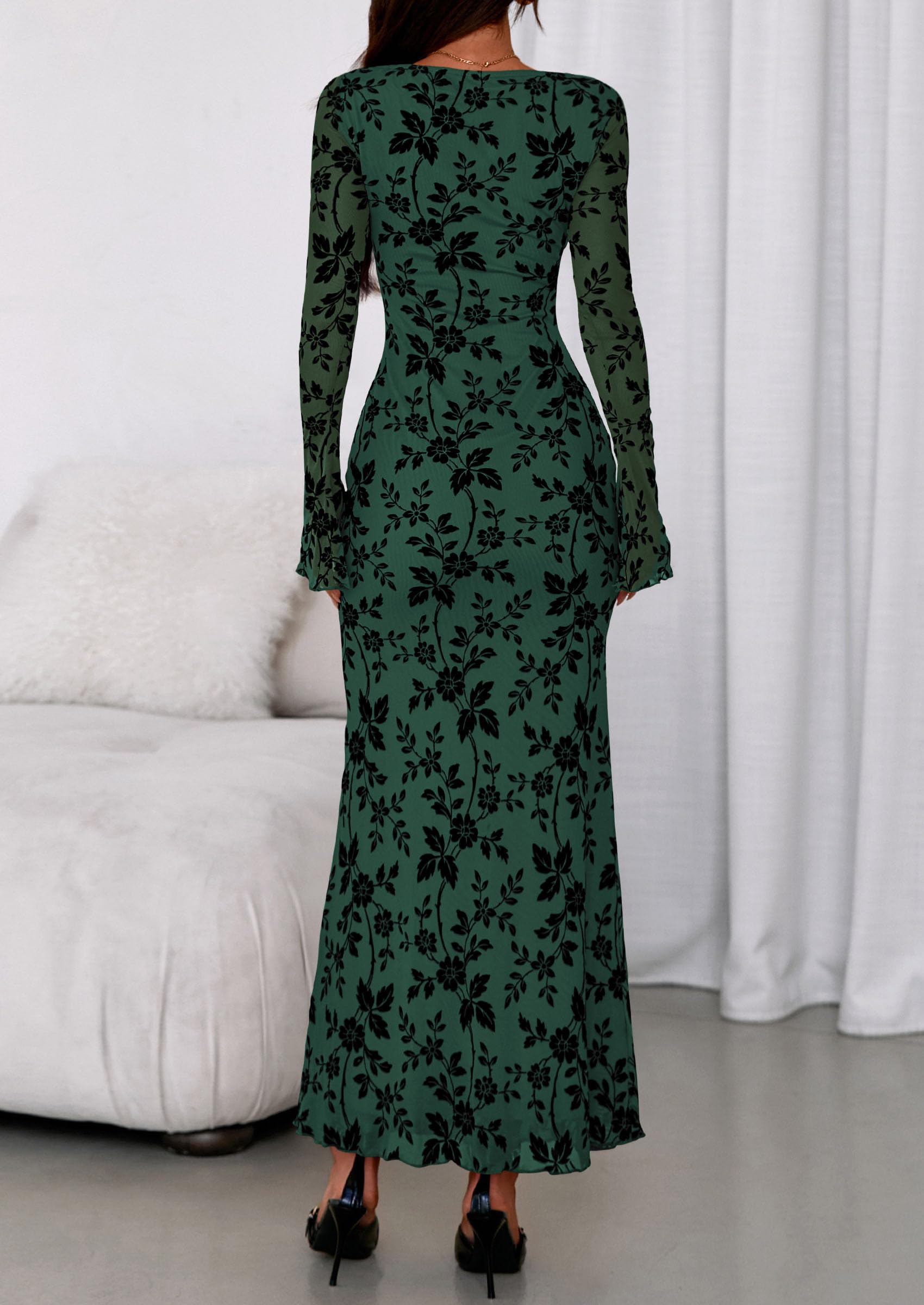 PRETTYGARDEN Women's Floral Bodycon Maxi Dress Fall Elegant Mesh Long Sleeve Formal Wedding Guest Cocktail Dresses