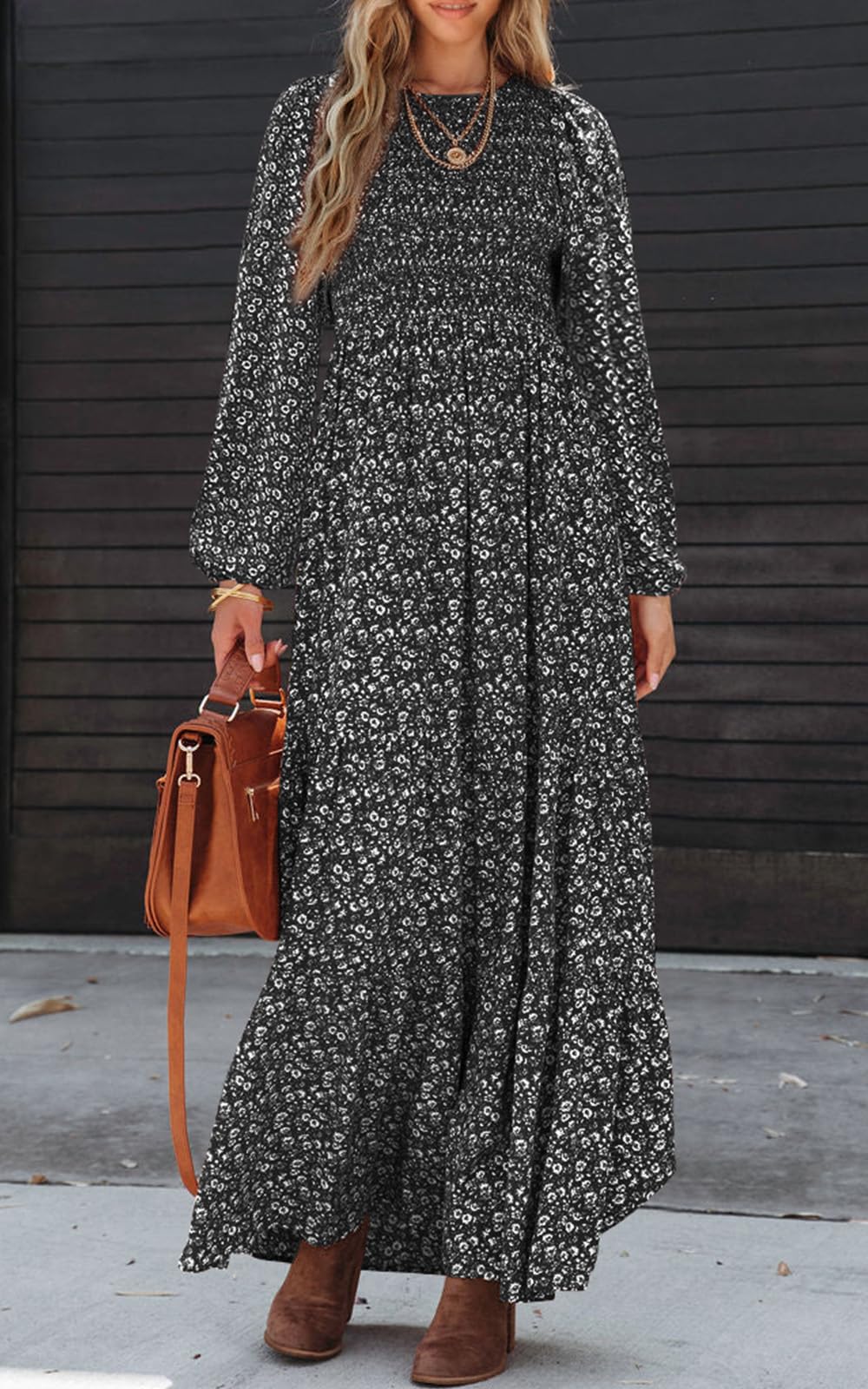 PRETTYGARDEN Women's Fall Dresses Long Sleeve Flowy Casual Floral Maxi Dress Crew Neck Smocked Tiered Long Dress