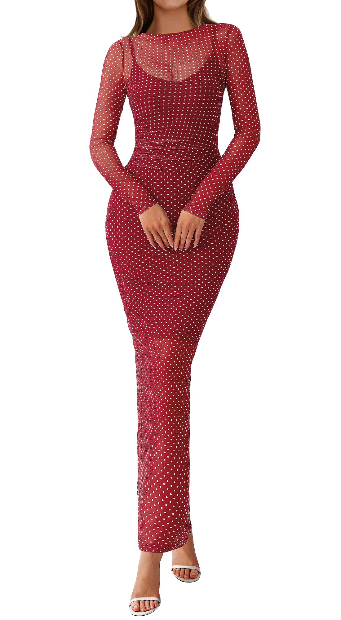 BTFBM Spring Dresses for Women 2 Piece Set Long Sleeve Polka Dot Sexy Bodycon Mesh Dress and Slip Dress Wedding