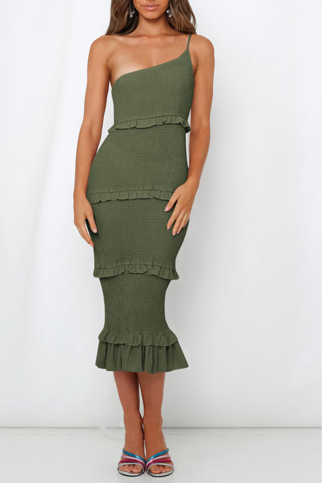 PRETTYGARDEN Women's Summer Midi Bodycon Dresses One Shoulder Strappy Tiered Ruffle Floral Boho Sun Dress