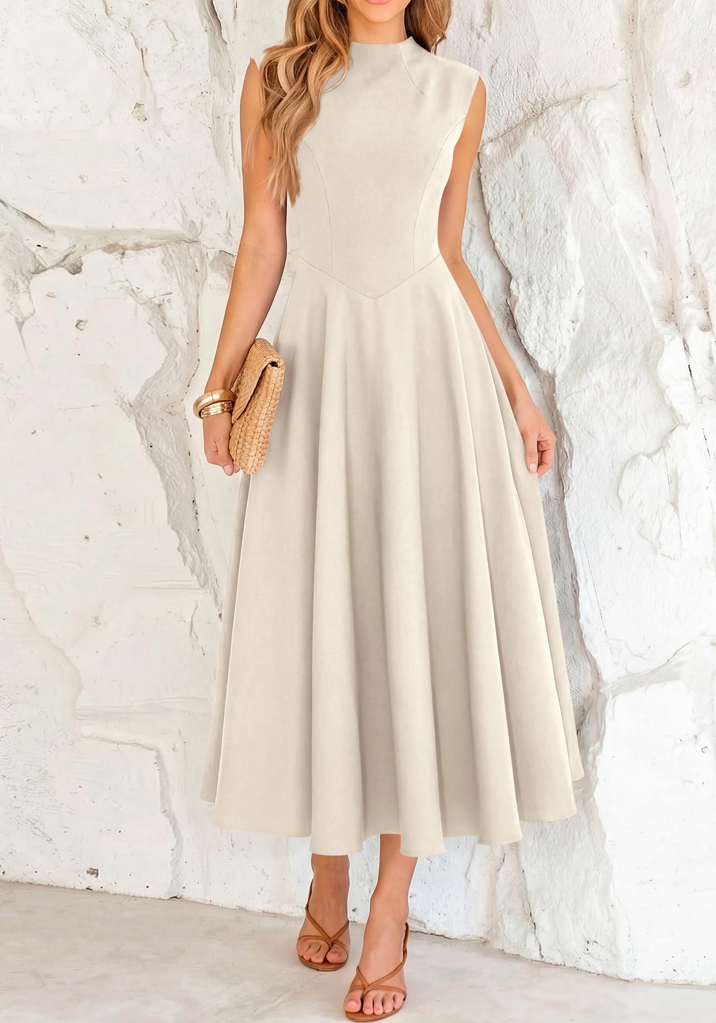 BTFBM Summer Dresses for Women Mock Neck Sleeveless High Waist Flowy Aline Maxi Spring Wedding Guest Dress Cocktail