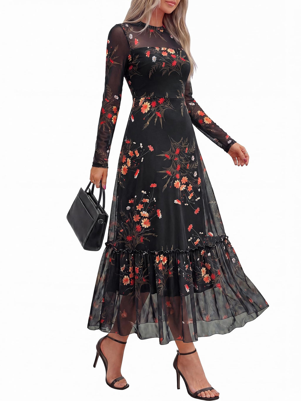 BTFBM Boho Mesh Long Sleeve Dress for Women | Mock Neck, Floral, A Line, Tiered, Graduation, Wedding, Cocktail Maxi Dresses, Fall Fashion, Resort Wear