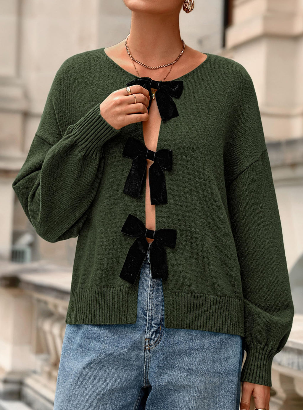 PRETTYGARDEN Cardigan Sweaters for Women Fall Fashion Bow Tie Front Long Sleeve Knit Sweater Tops Cute Winter Clothes