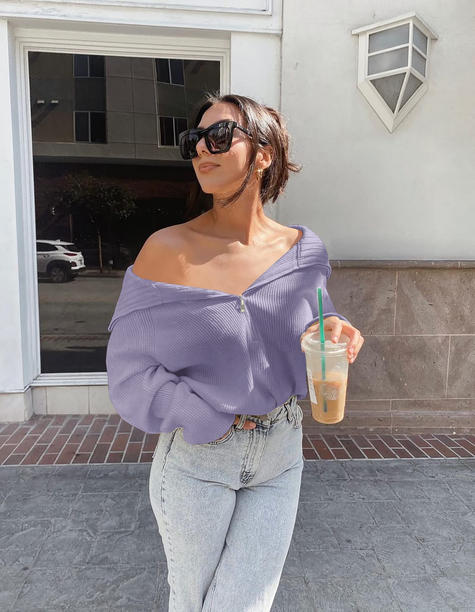 FreshPretty Womens Sweaters Quarter Zip Pullover V Neck Collar Long Sleeve Ribbed Knit Loose Casual Winter Fall Sweater