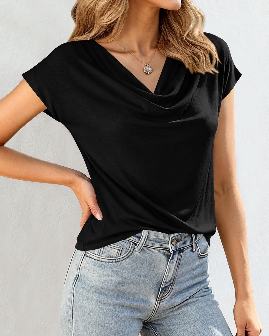 FreshPretty Blouses for Women Dressy Casual Spring Summer Tops Cowl Neck Short Sleeve Shirts Work Office Business Outfits