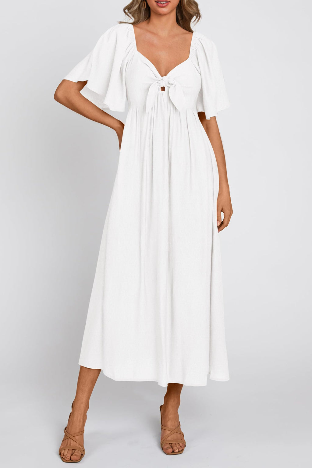 PRETTYGARDEN Summer Dress for Women Casual Short Sleeve Bow Tie V Neck Ruffle Midi Flowy Dresses