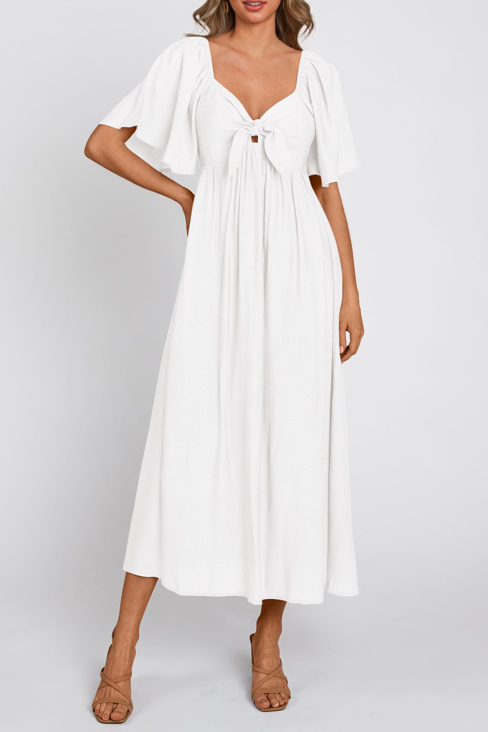 PRETTYGARDEN Summer Dress for Women Casual Short Sleeve Bow Tie V Neck Ruffle Midi Flowy Dresses