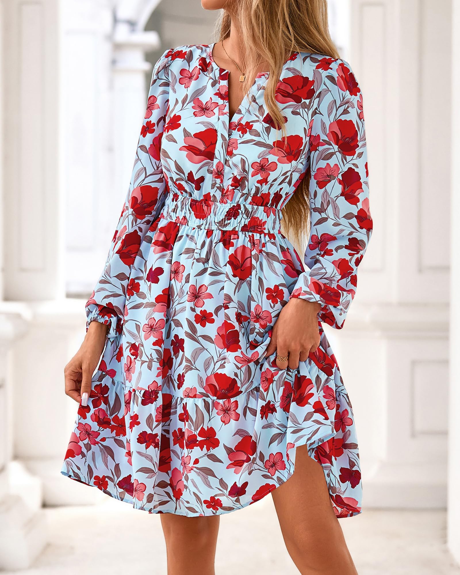 BTFBM Spring Dresses for Women Mini Long Sleeve Elastic Waist Summer Vacation Outfits Floral Wedding Guest Dress