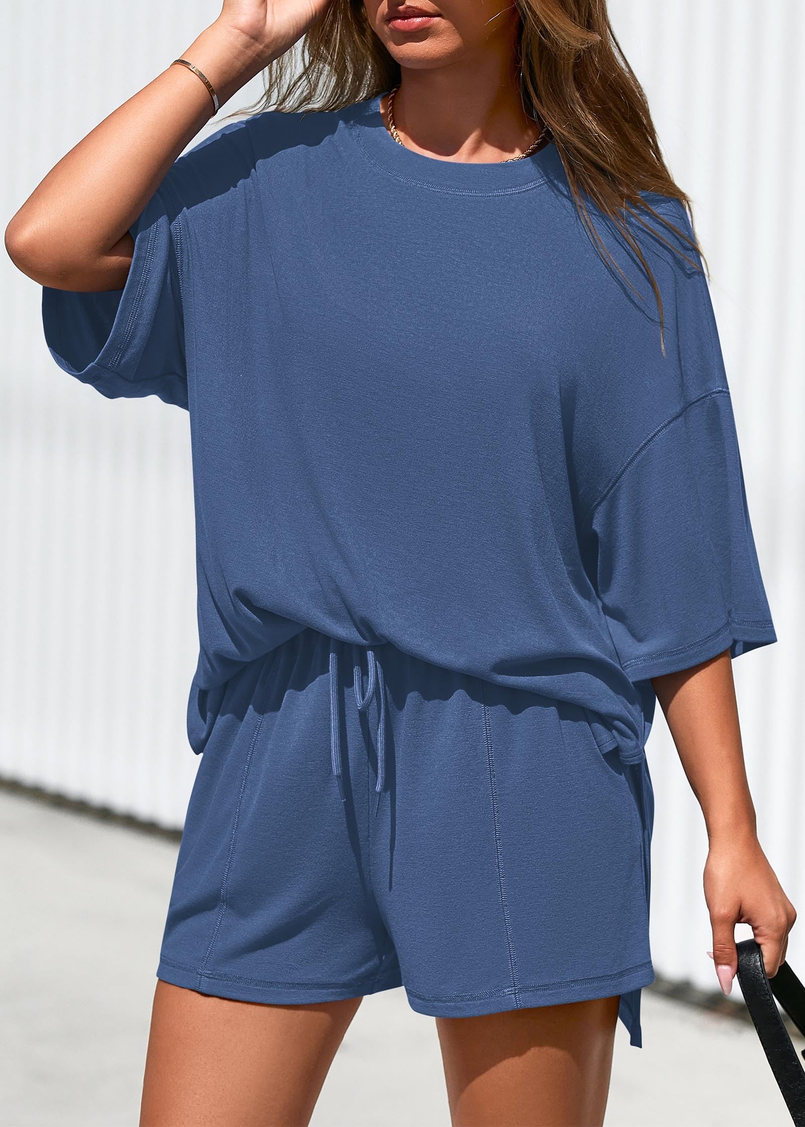 FreshPretty 2 Piece Sets for Women Summer Lounge Sets Casual Oversized Tshirts Shorts Matching Airport Travel Outfits Postpartum