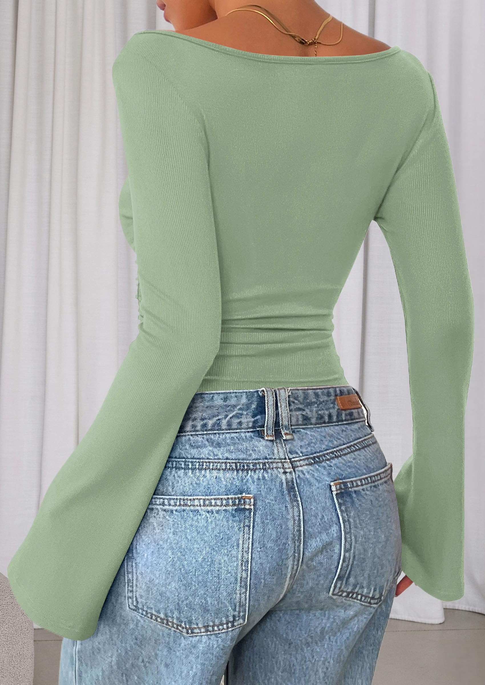 PRETTYGARDEN Women's Long Sleeve Shirts Fall Crop Going Out Tops Casual Boat Neck Bell Sleeve Ribbed Ruched Y2K Clothes