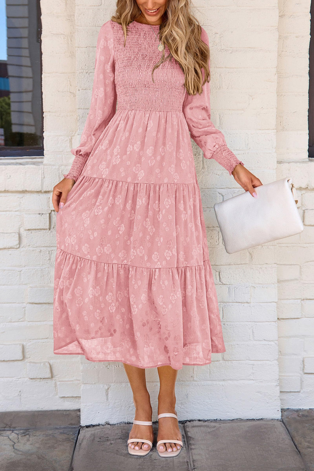 PRETTYGARDEN Women's Fall Spring Midi Dress Long Sleeve Floral Smocked Elegant Wedding Guest Long Flowy Dresses with Pockets