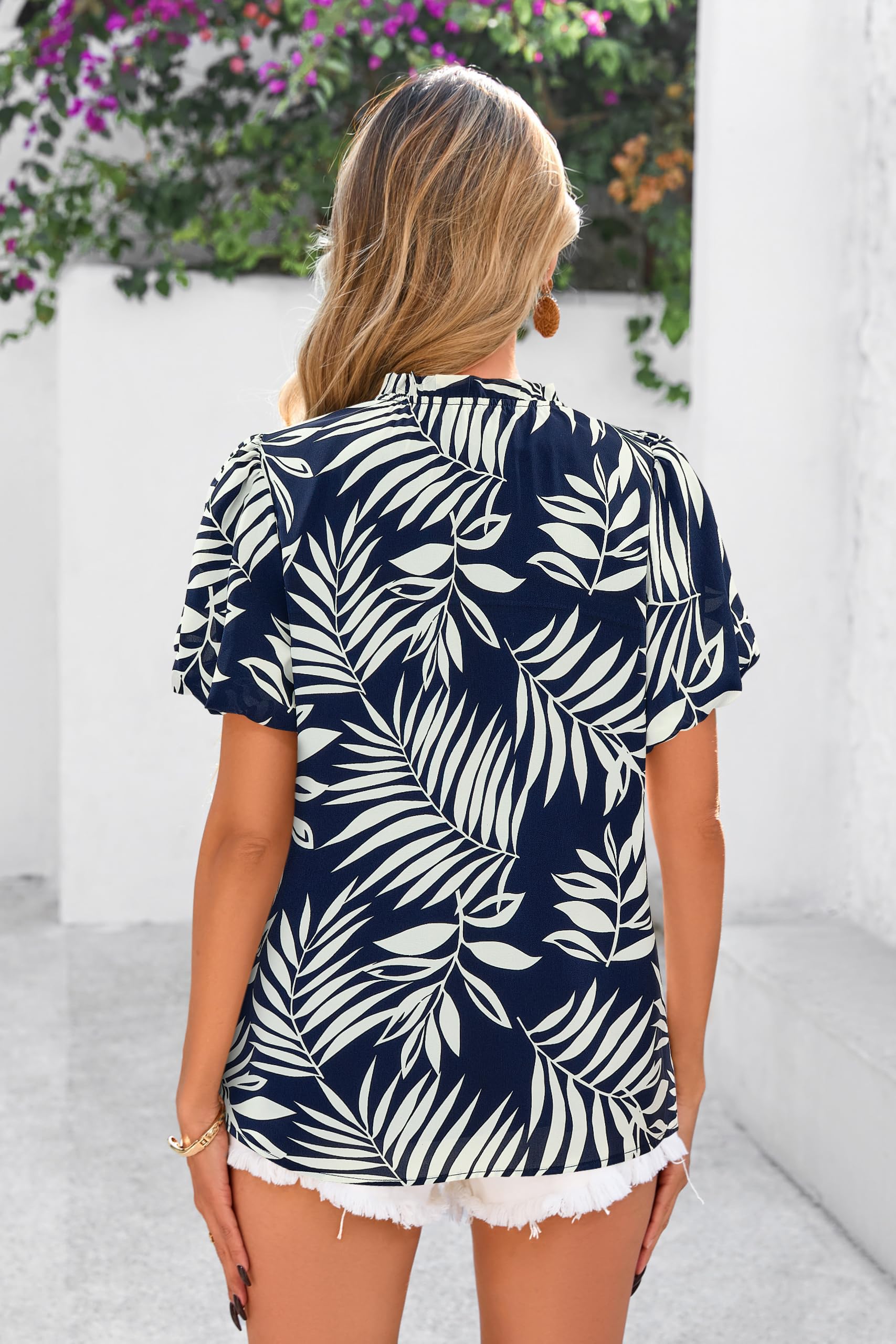 PRETTYGARDEN Boho Short Sleeve Floral Work Blouses for Women Dressy Casual V Neck Puff Sleeve Loose Chiffon Flowy Tops Shirts