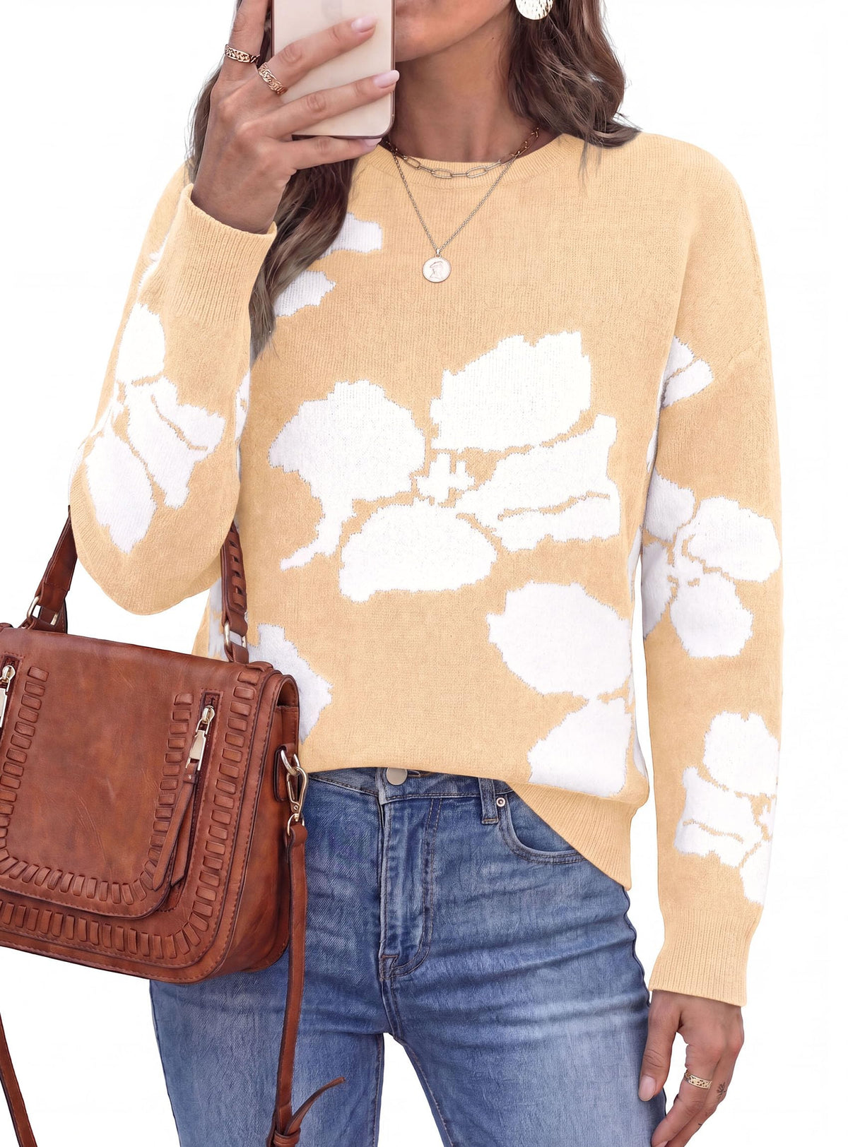 PRETTYGARDEN Womens Floral Sweater Crewneck Printed Pullover Tops,Soft Slouchy Knit Sweater,Casual Long Sleeve,Fall Fashion,Cute Winter Clothes,Work Office Travel Vacation Outfits