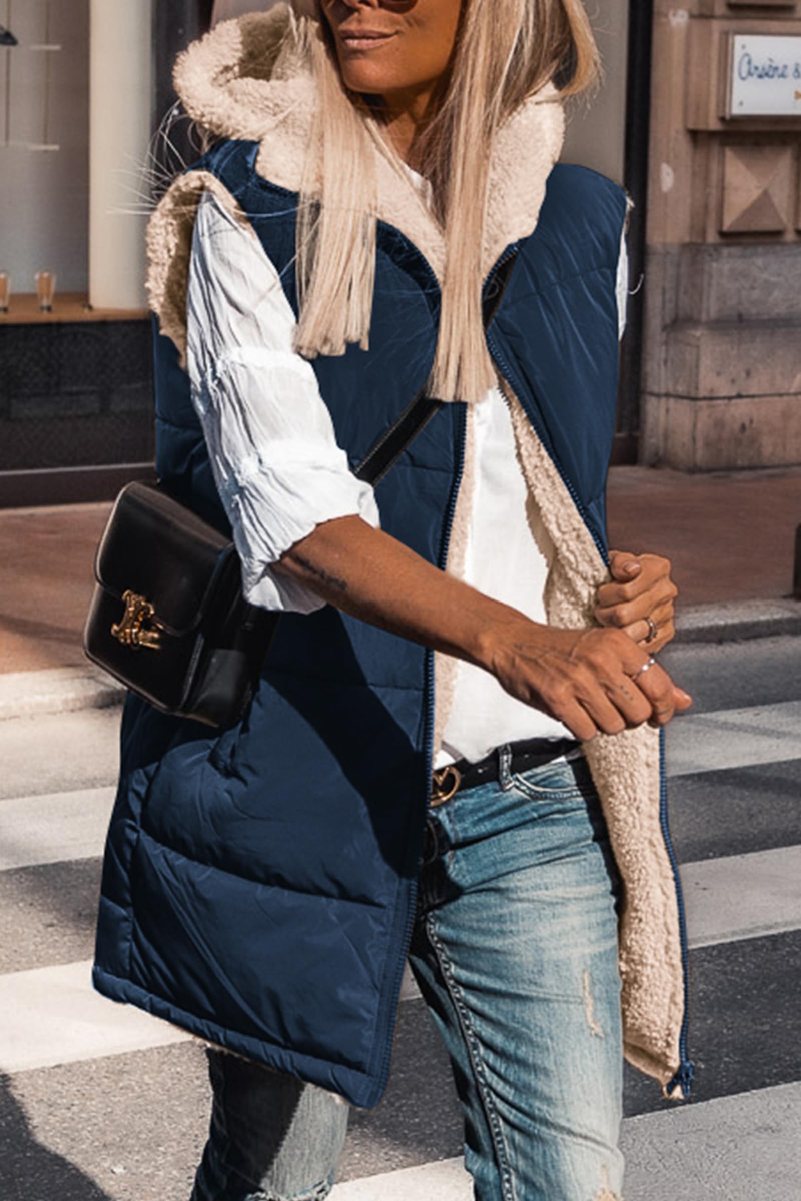PRETTYGARDEN Womens Fall Reversible Long Vests Sleeveless Fleece Jacket Zip Up Hoodie Pockets Warm Coat Winter Clothing