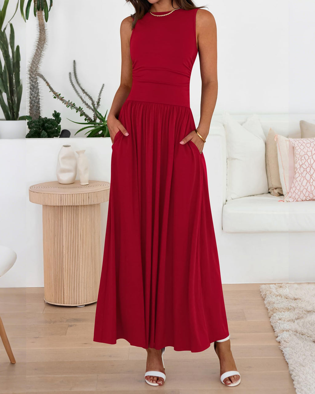 BTFBM Summer Maxi Dresses for Women Spring Sleeveless Casual Ruched High Waisted Long Sundress Flowy Beach Dress