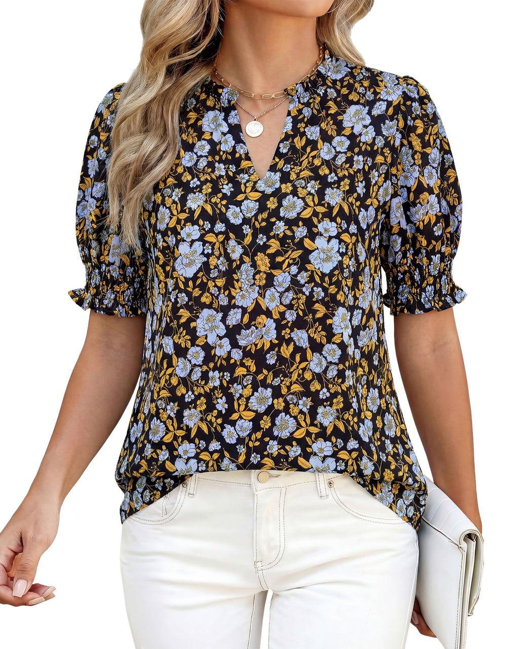 BTFBM Summer Blouses for Women Dressy Casual Fashion Spring Tops Floral Boho V Neck Puff Short Sleeve Top Shirts