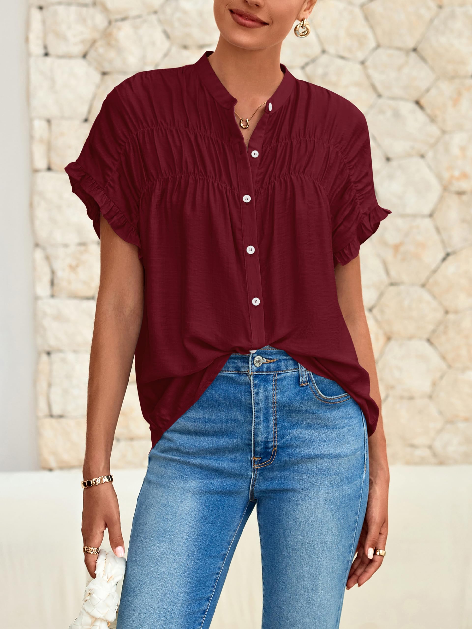 FreshPretty Womens Button Down Shirts Ruffle Short Sleeve Loose Summer Tops Dressy Casual V Neck Business Work Blouses