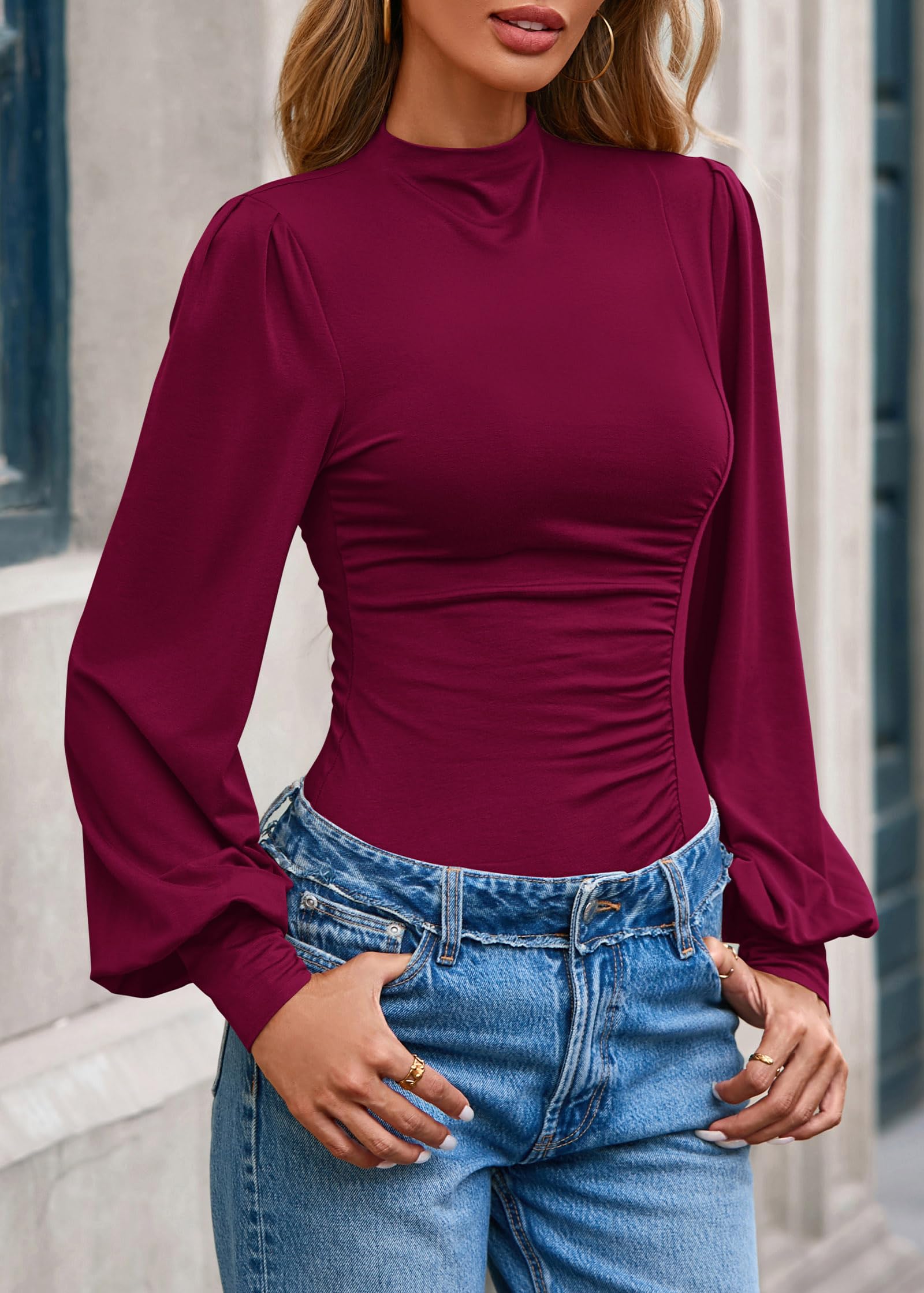 FreshPretty Blouses for Women Dressy Casual Spring Tops Fall Puff Long Sleeve Shirts Fitted Mock Neck Ruched Trendy Tops