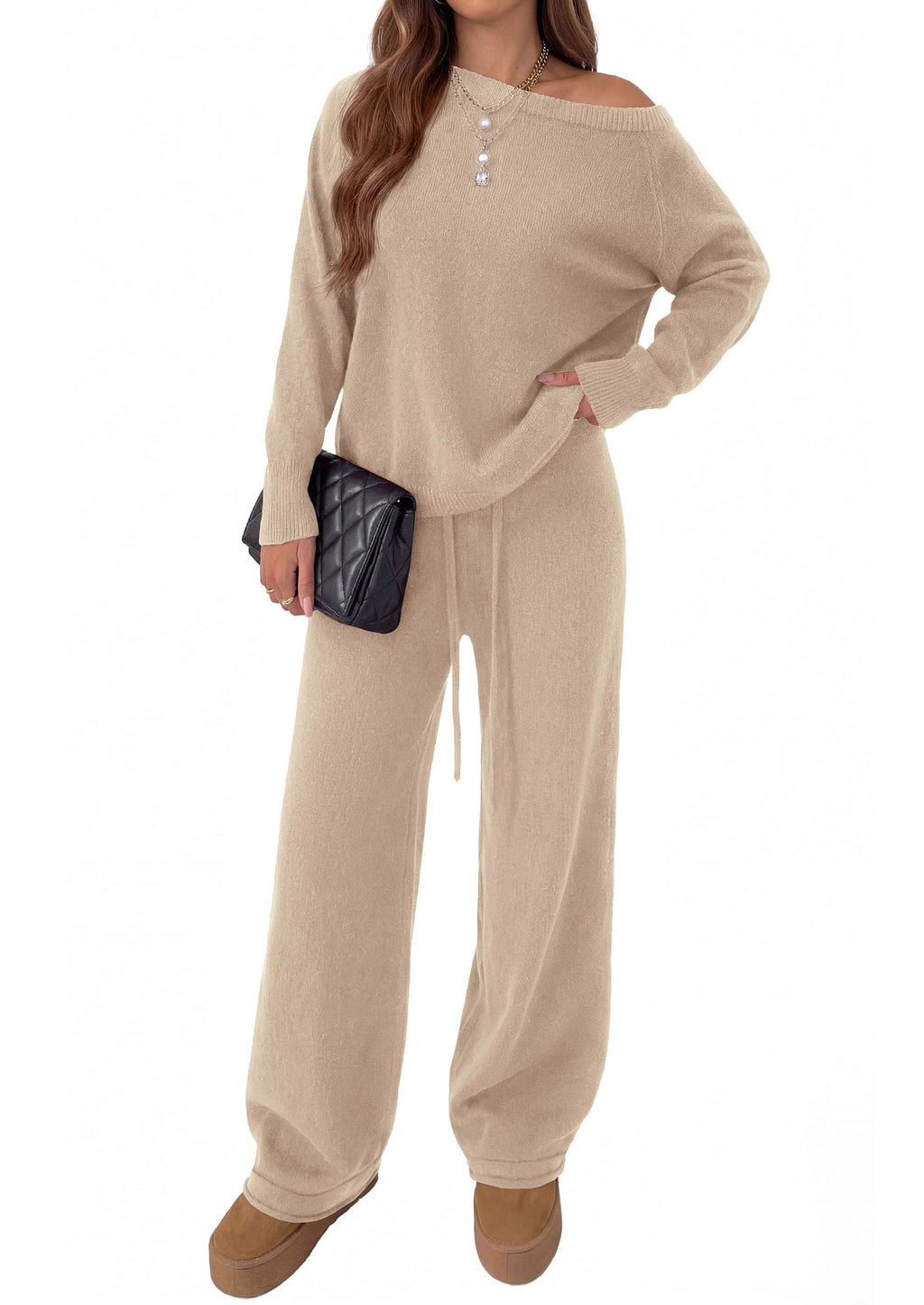 PRETTYGARDEN Lounge Sets Womens Sweaters Two Piece Outfits Cozy Boat Neck Long Sleeve Tops, Wide Leg Pants with Drawstring, Casual Fall Fashion Airport & Travel, Knit Matching Set