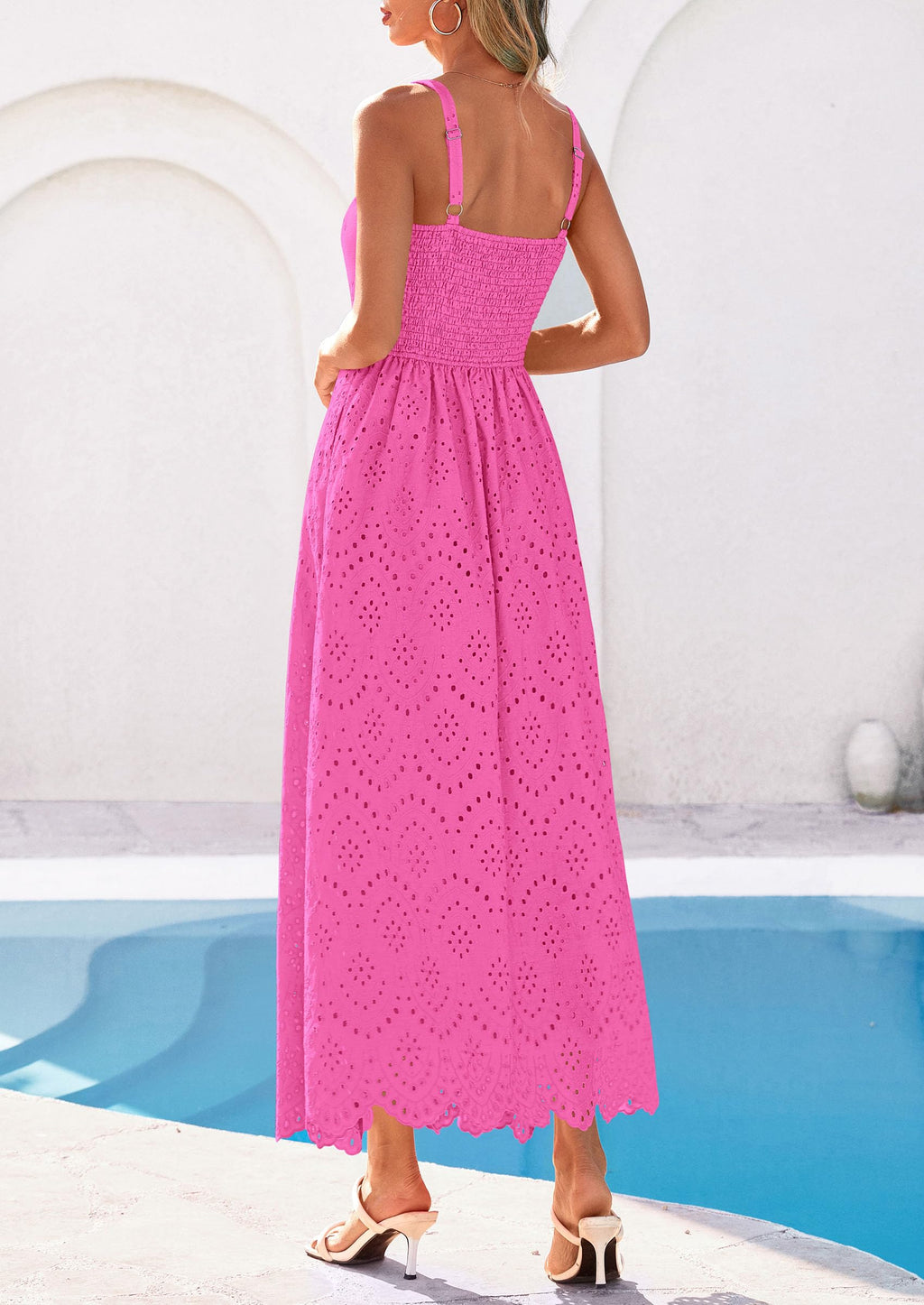 PRETTYGARDEN Womens Sleeveless Maxi Summer Dresses Hollow Out Eyelet Square Neck Ruffle Flowy Beach Vacation Sundress