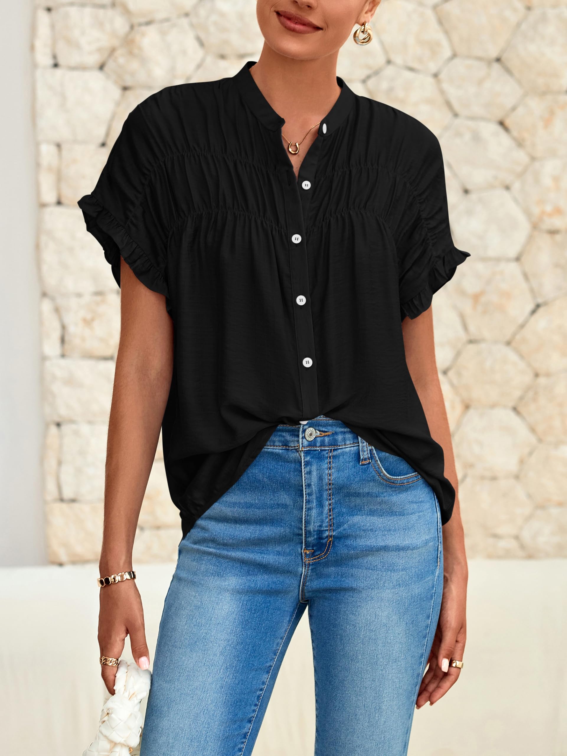 FreshPretty Womens Button Down Shirts Ruffle Short Sleeve Loose Summer Tops Dressy Casual V Neck Business Work Blouses