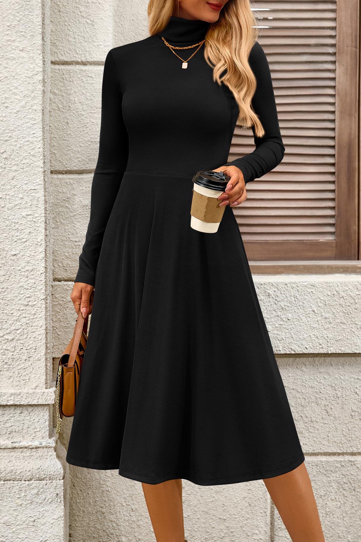 FreshPretty Womens Long Sleeve Turtleneck Dress Midi A Line Fall Dresses,High Neck Dress,Fit and Flare Work Dresses,Lightweight Knit,Flowy Winter Dresses Wedding Guest,Cocktail,Church,Casual