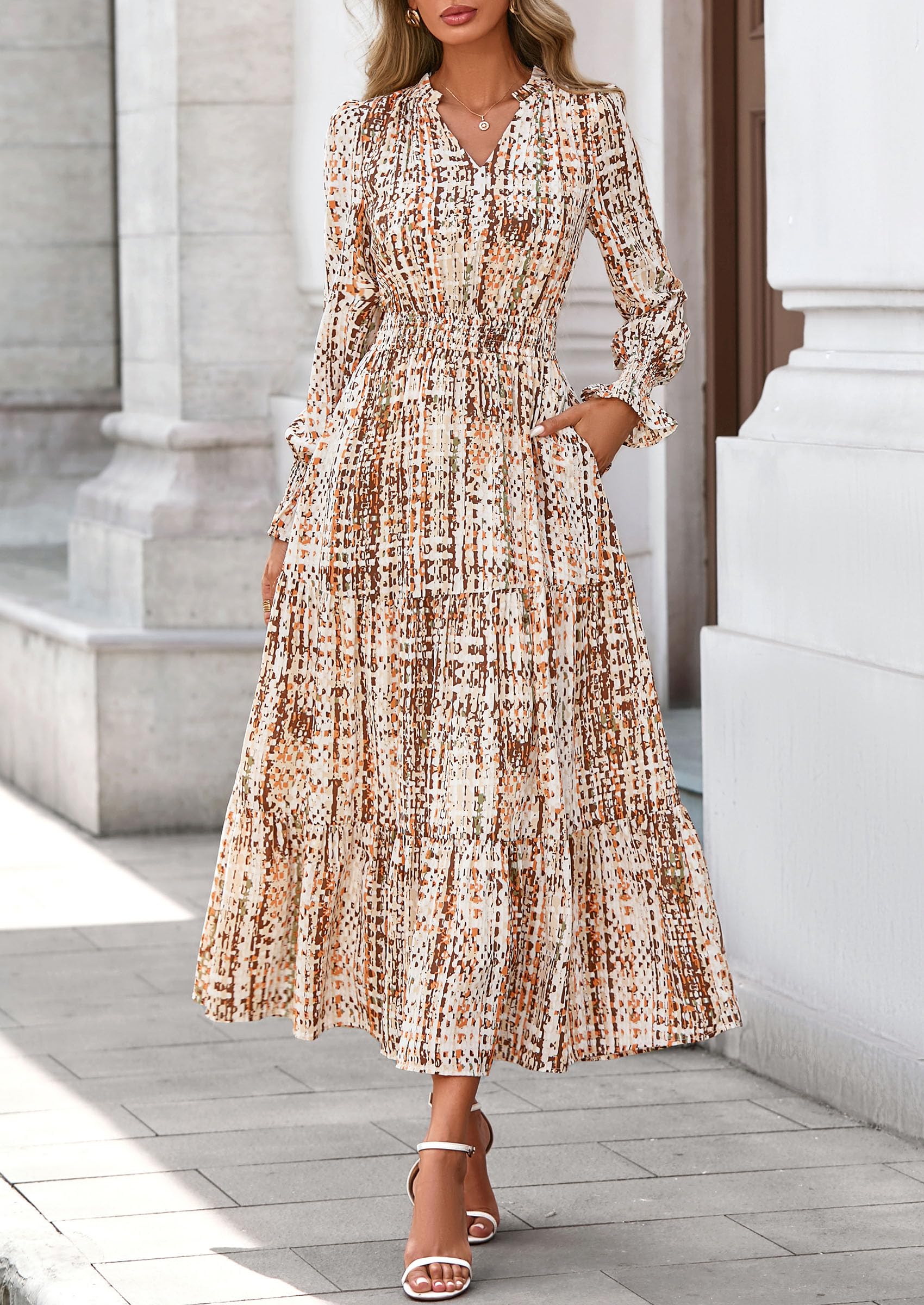 PRETTYGARDEN Women's Floral Maxi Dress Fall Long Sleeve V Neck Casual A Line Long Flowy Boho Party Dresses