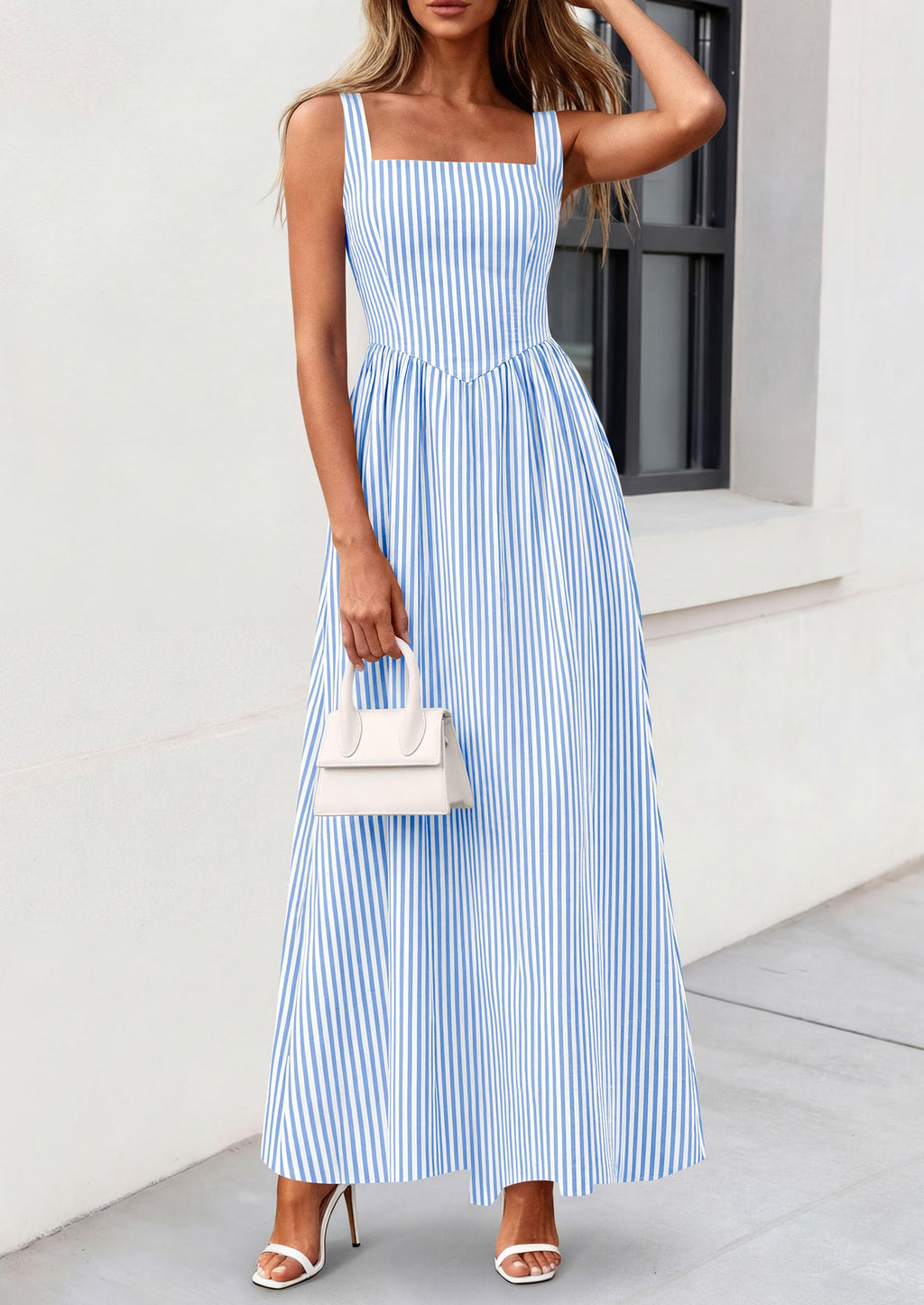 PRETTYGARDEN Women's Maxi Striped Dress Summer Sleeveless Square Neck Smocked A Line Long Flowy Spring Vacation Sundress