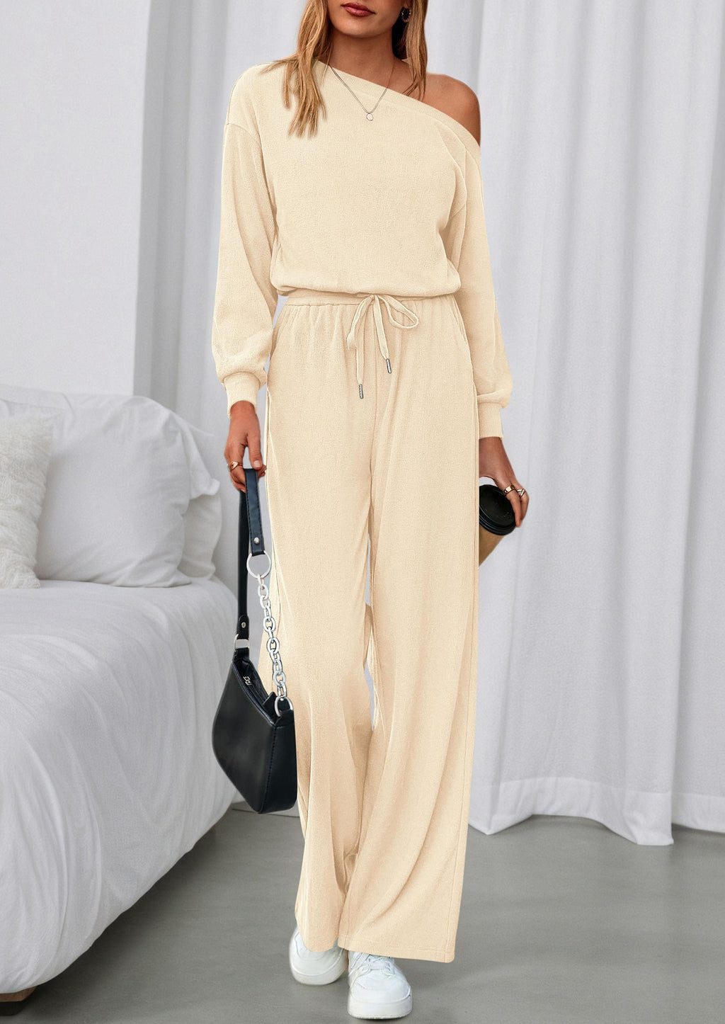 PRETTYGARDEN Long Sleeve Jumpsuit For Women Dressy Off Shoulder One Piece Loose Wide Leg Jumpsuits Casual Flowy Romper