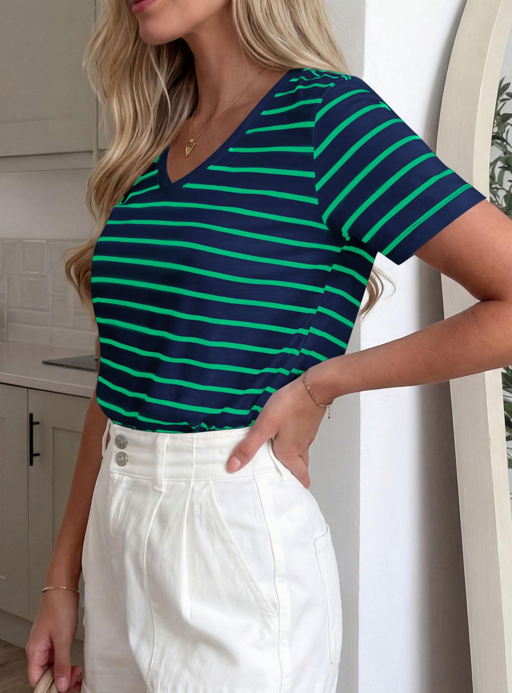 PRETTYGARDEN Short Sleeve Shirts for Women Spring V Neck Cute Tops Casual Striped Shirt Knitted Tees Summer Outfits