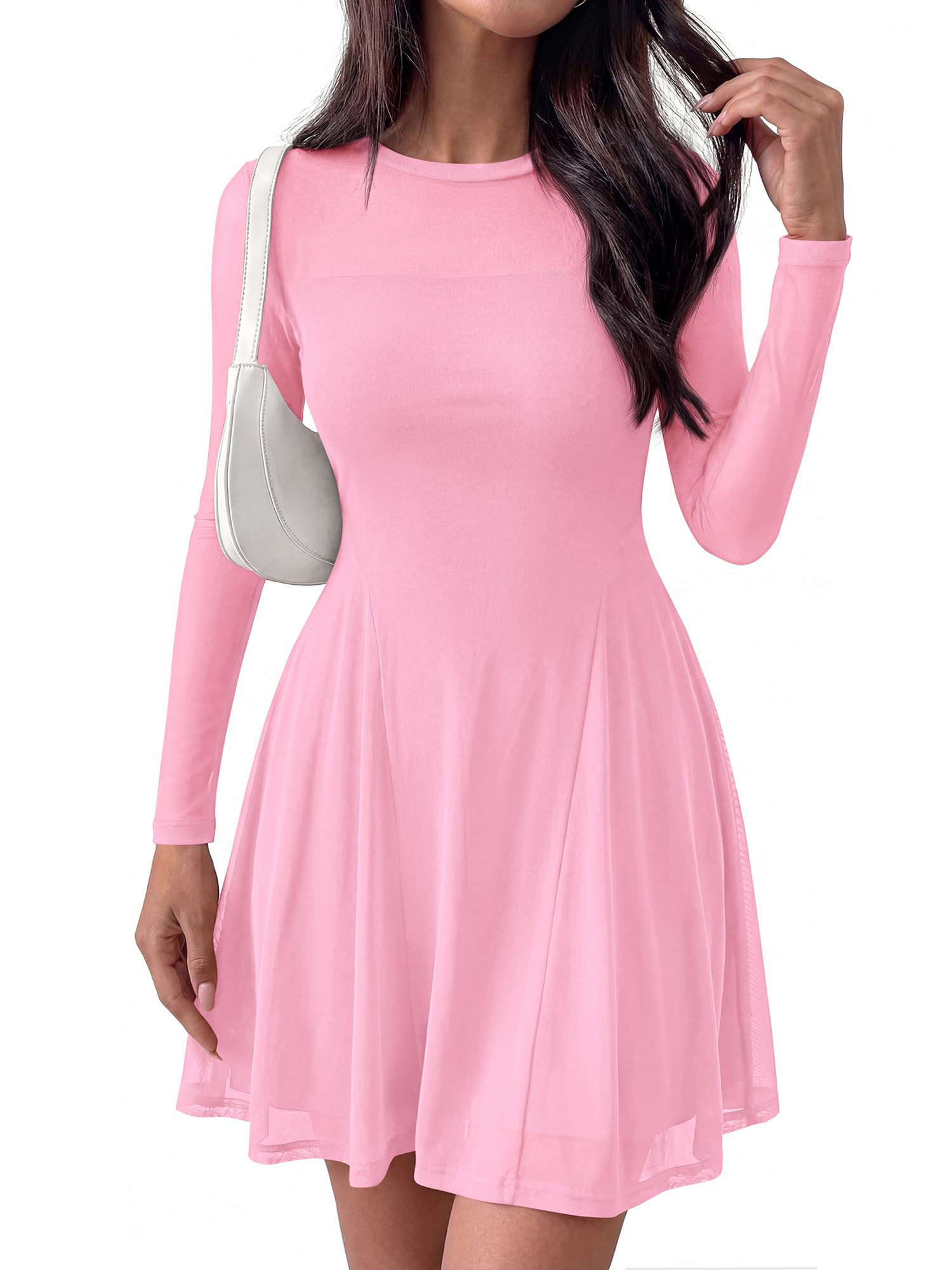 BTFBM Women’s Mini Dress Sheer Mesh Long Sleeve Crew Neck Flowy A Line Casual Cocktail Party Going Out Dresses Fall