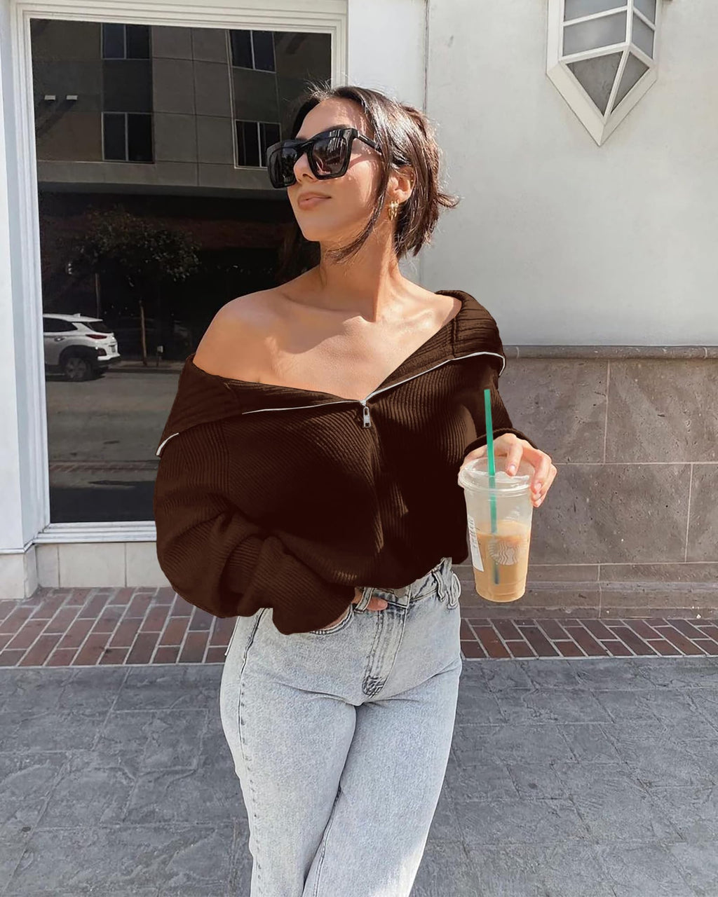 FreshPretty Womens Sweaters Quarter Zip Pullover V Neck Collar Long Sleeve Ribbed Knit Loose Casual Winter Fall Sweater