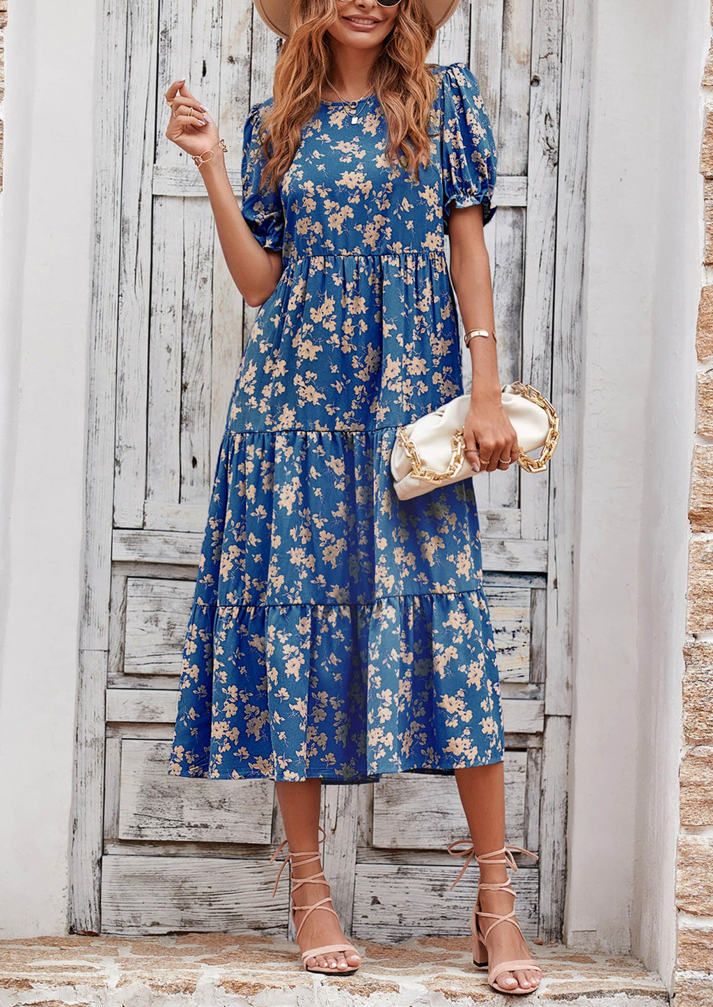 PRETTYGARDEN Summer Dresses for Women Casual Floral Boho Midi Sun Dress Puff Short Sleeve Flowy Beach Vacation Sundress