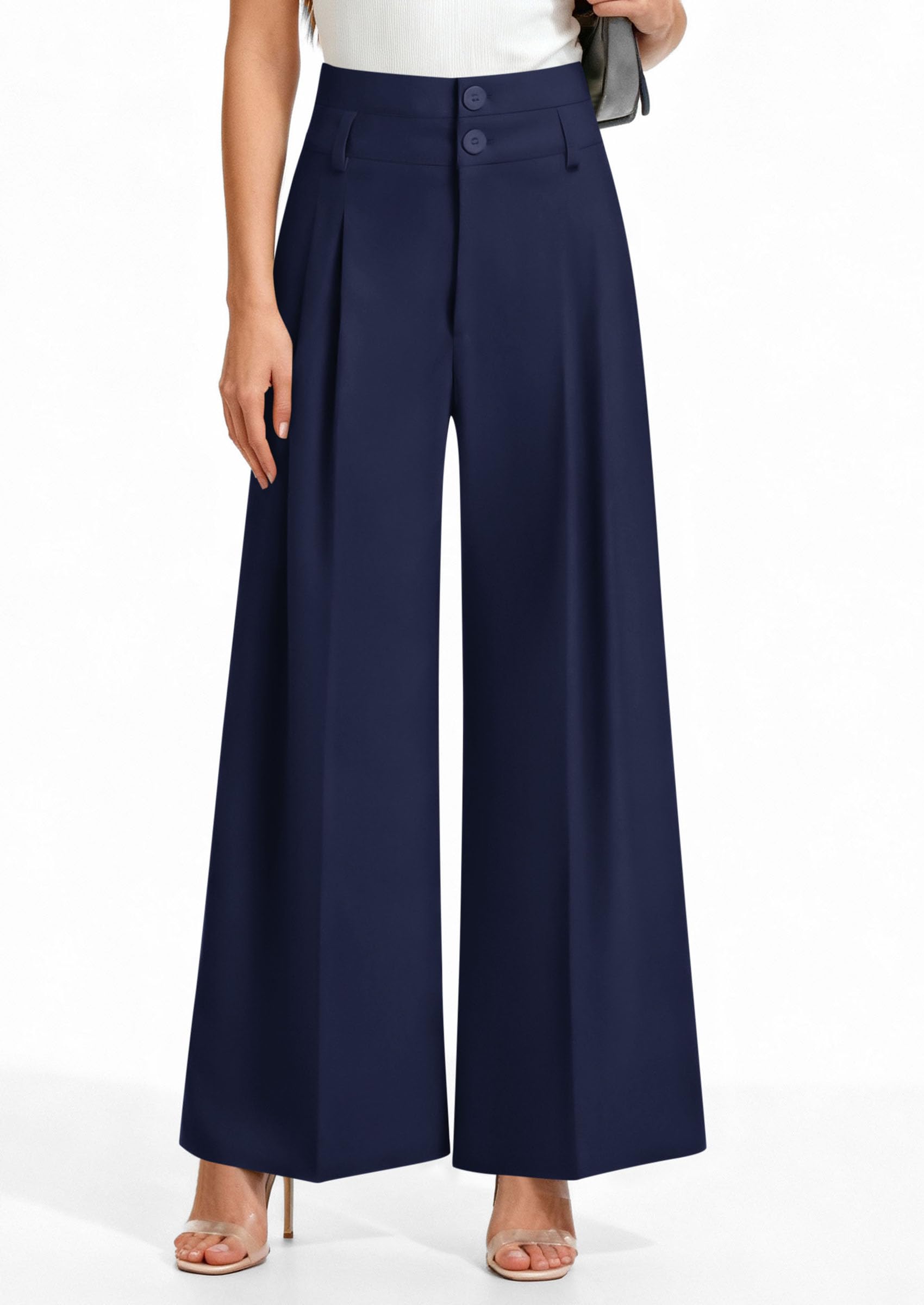 PRETTYGARDEN Womens Spring Wide Leg Palazzo Pants Trendy Loose Button High Waist Pleated Work Business Casual Trousers