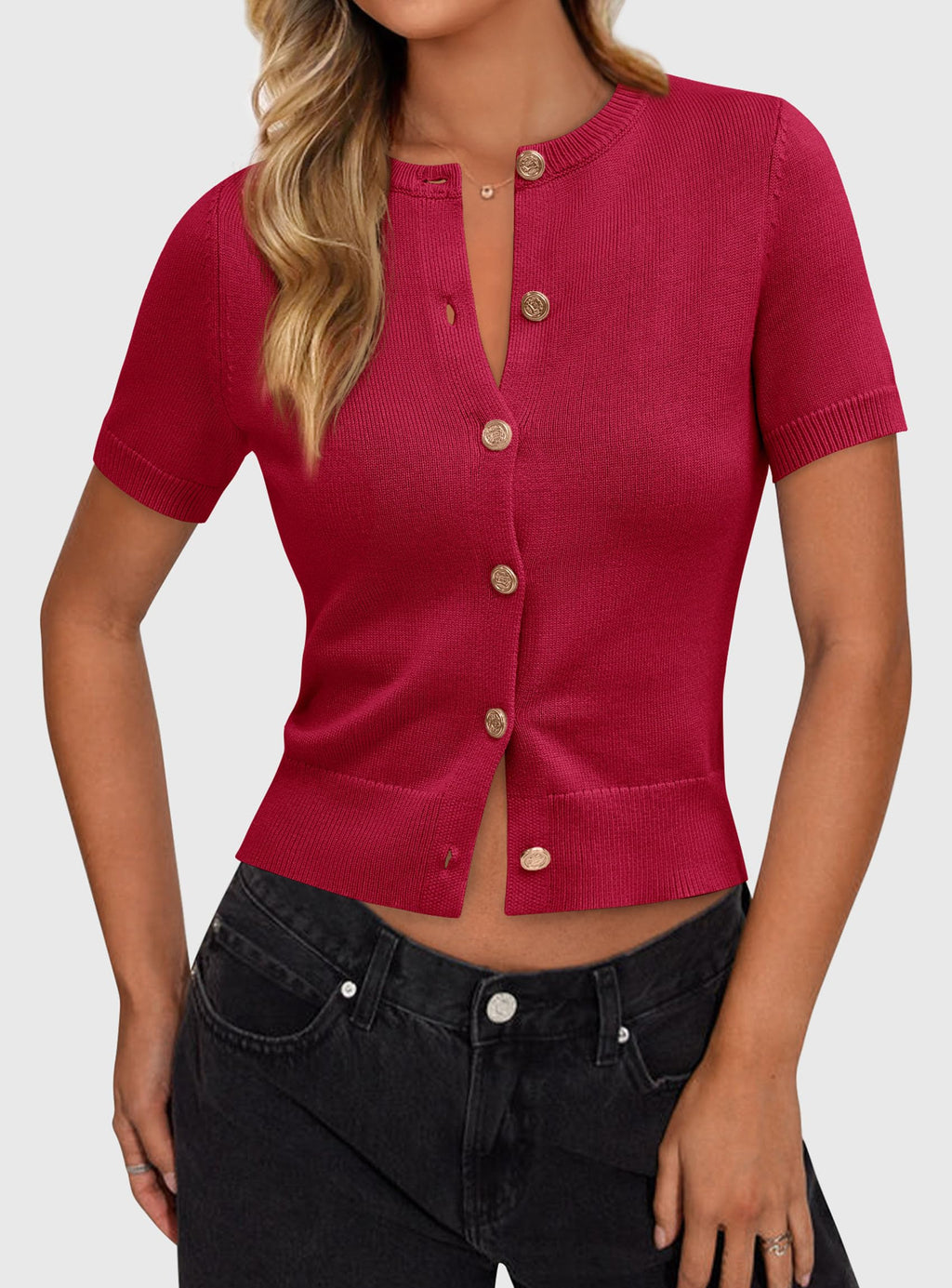 PRETTYGARDEN Womens Casual Summer Short Sleeve Cardigans Button Down Knitted Sweater Basic Crew Neck Crop Tops