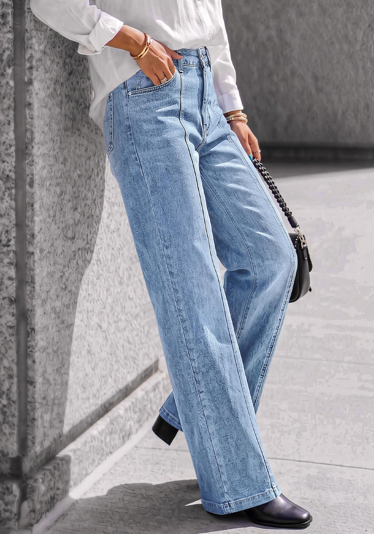 BTFBM Front Seam Stretchy Wide Straight Leg Jeans for Women Trendy Boyfriend Baggy Denim Jeans, High Waisted Palazzo Pants, 5-Pocket, Relaxed Fit, Full Length, Casual Bottoms, Fall Outfits