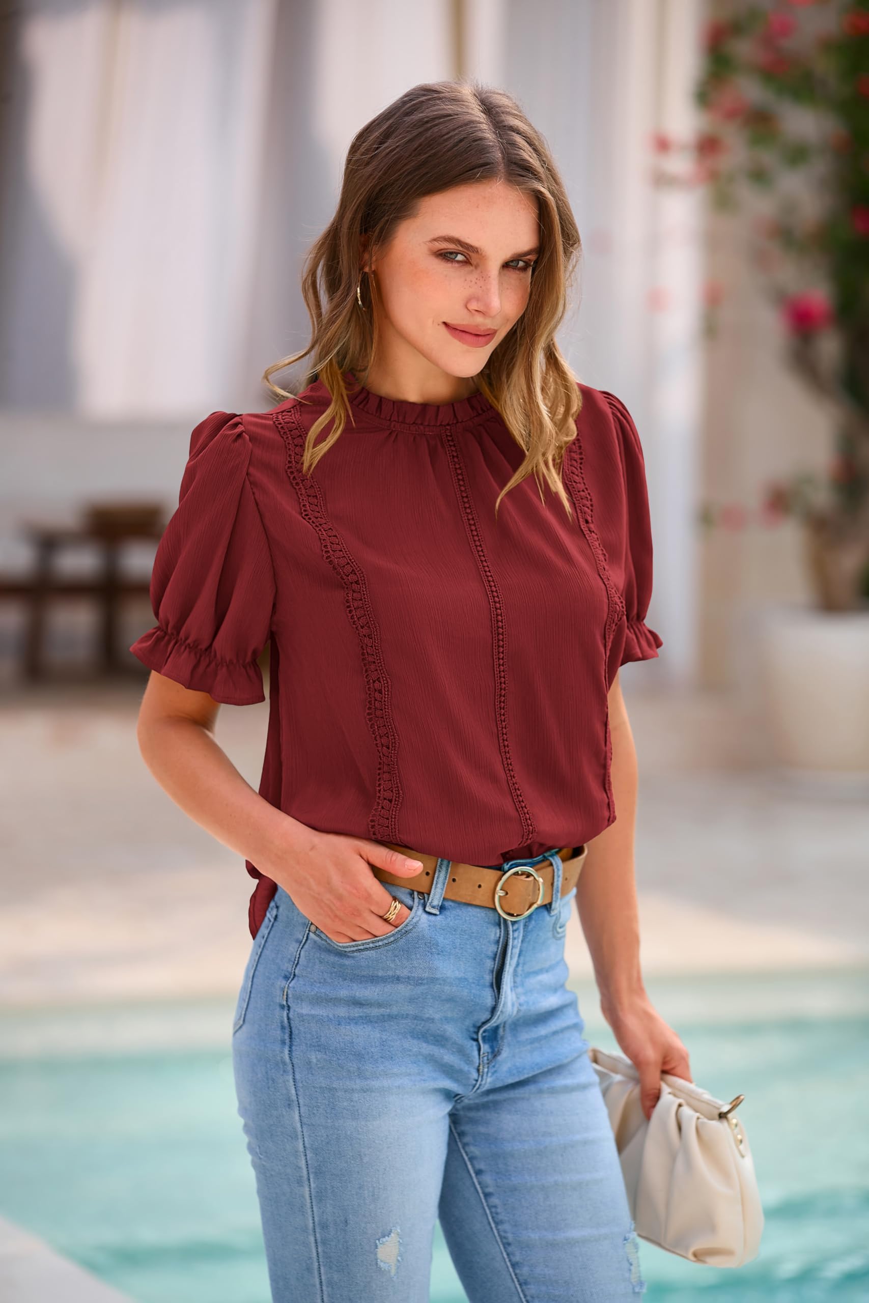PRETTYGARDEN Womens Summer Tops Trendy Mock Neck Puff Sleeve Blouse Dressy Casual Business Western Shirts Spring Clothes