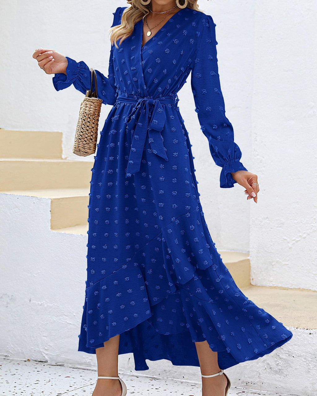 FreshPretty Long Sleeve Maxi Dresses for Women V Neck Swiss Dot Boho Flowy Slit Cocktail Wedding Guest Dress Fall Clothes