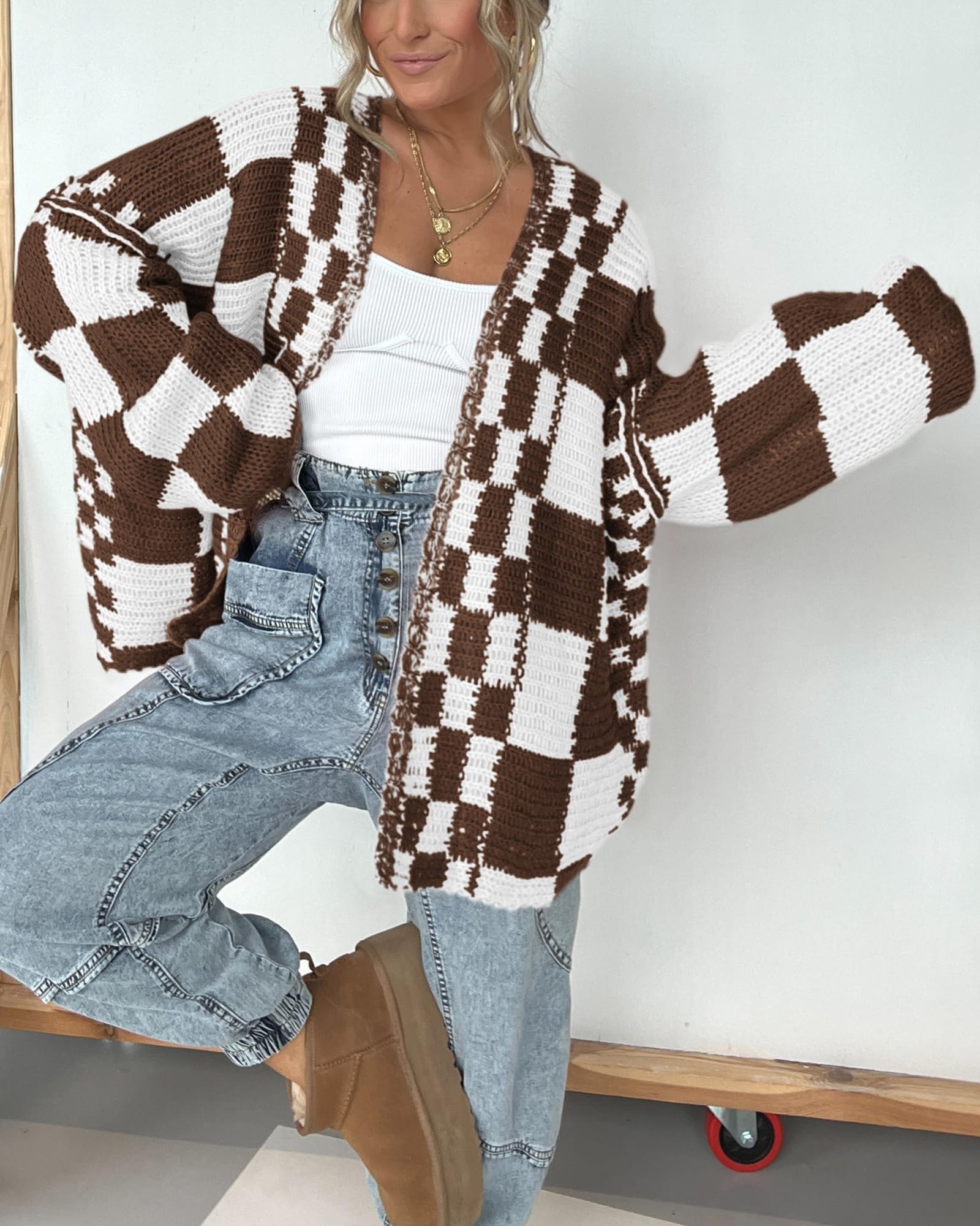 FreshPretty Casual Cardigan Sweater for Women Fall Long Sleeve Open Front Chunky Knit Sweaters Checkered Outwear Coat