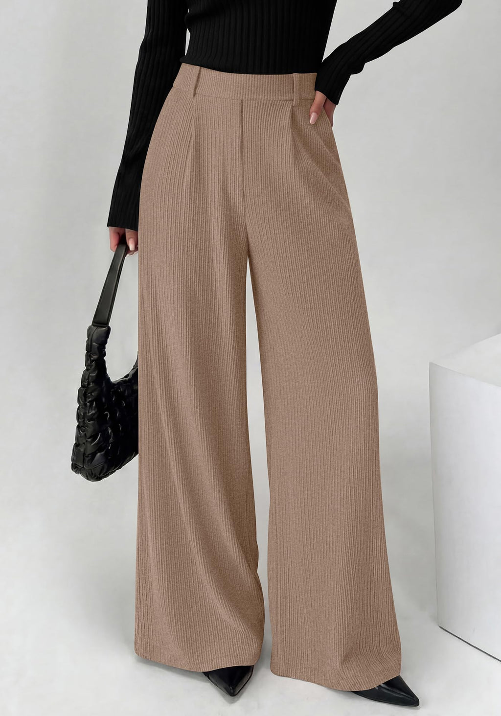BTFBM Wide Leg Pants for Women Dressy Work Business Casual Elastic High Waisted Trousers Ribbed Lounge Palazzo Pants