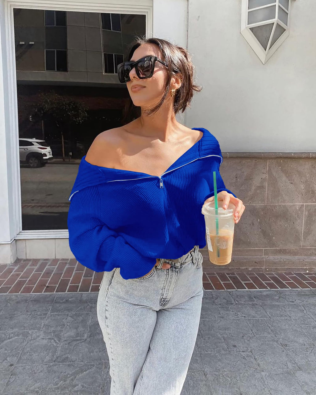 FreshPretty Womens Sweaters Quarter Zip Pullover V Neck Collar Long Sleeve Ribbed Knit Loose Casual Winter Fall Sweater