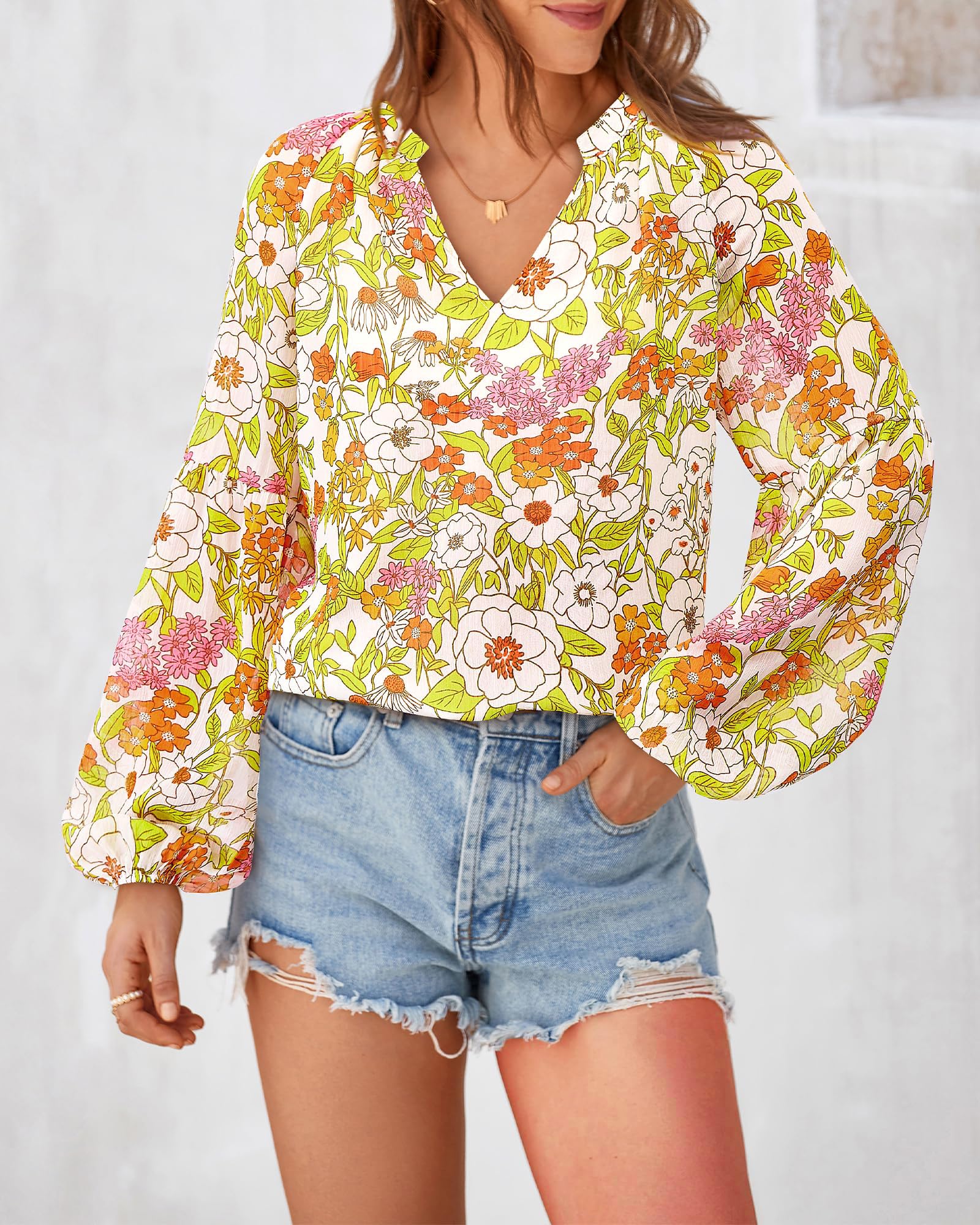 FreshPretty Blouses for Women Floral Boho Tops V Neck Lightweight Long Sleeve Shirts Fall Dressy Casual Vacation Outfits