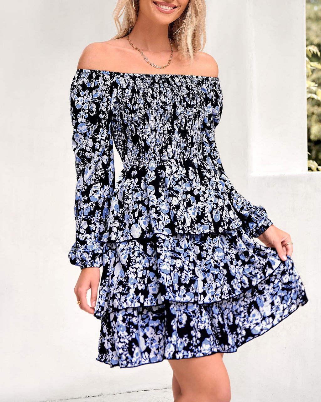 BTFBM Womens Long Sleeve Dress Summer Vacation Square Neck Smocked Floral Mini Boho Spring Wedding Guest Dresses
